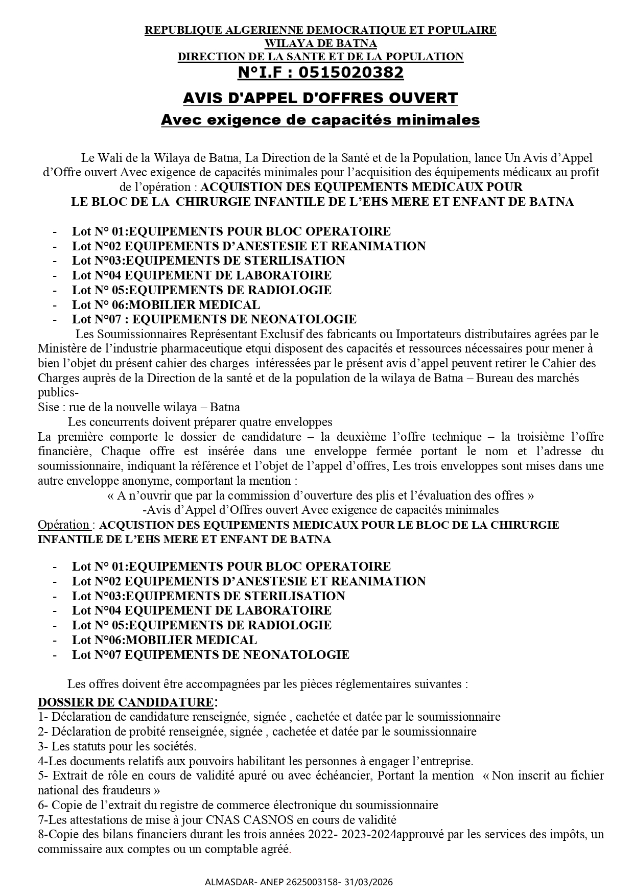 AVIS D'APPEL D'OFFRES OUVERT  Avec exigence de capacités minimales /*/