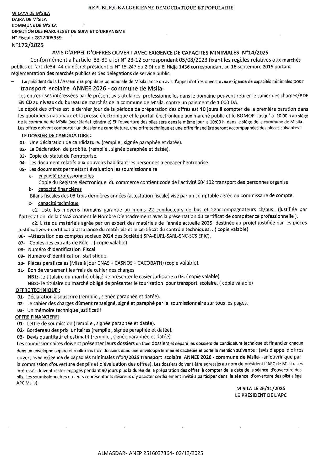 AVIS D'APPEL D'OFFRE ouverrt avec exigence de capacites minimales n 14/2025