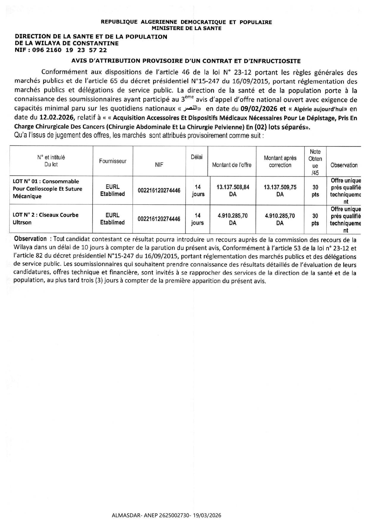 avis d'attribution provisoire d'un contrat et d'infructiosite