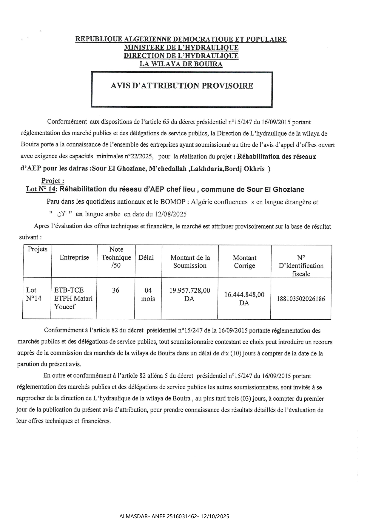 Avis d'attribution provisoire .