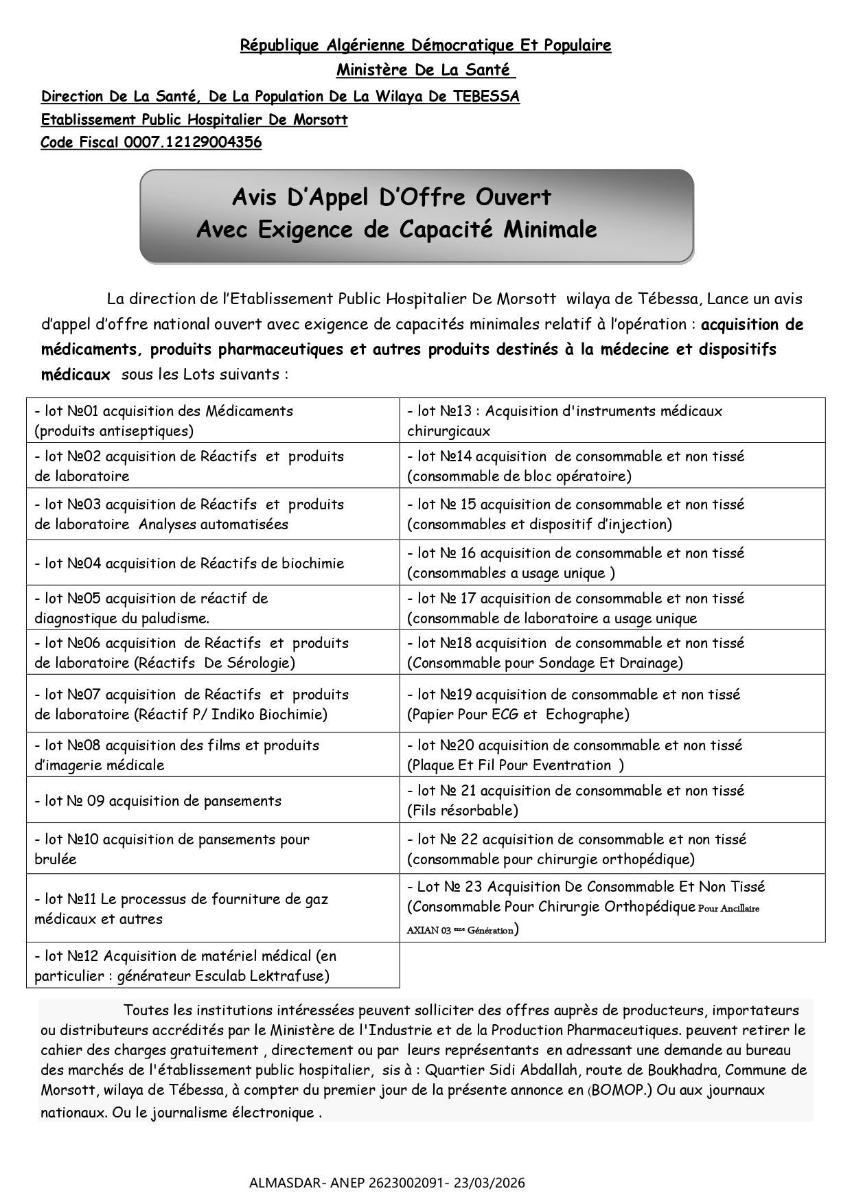 Avis D’Appel D’Offre Ouvert Avec Exigence de Capacité Minimale*/