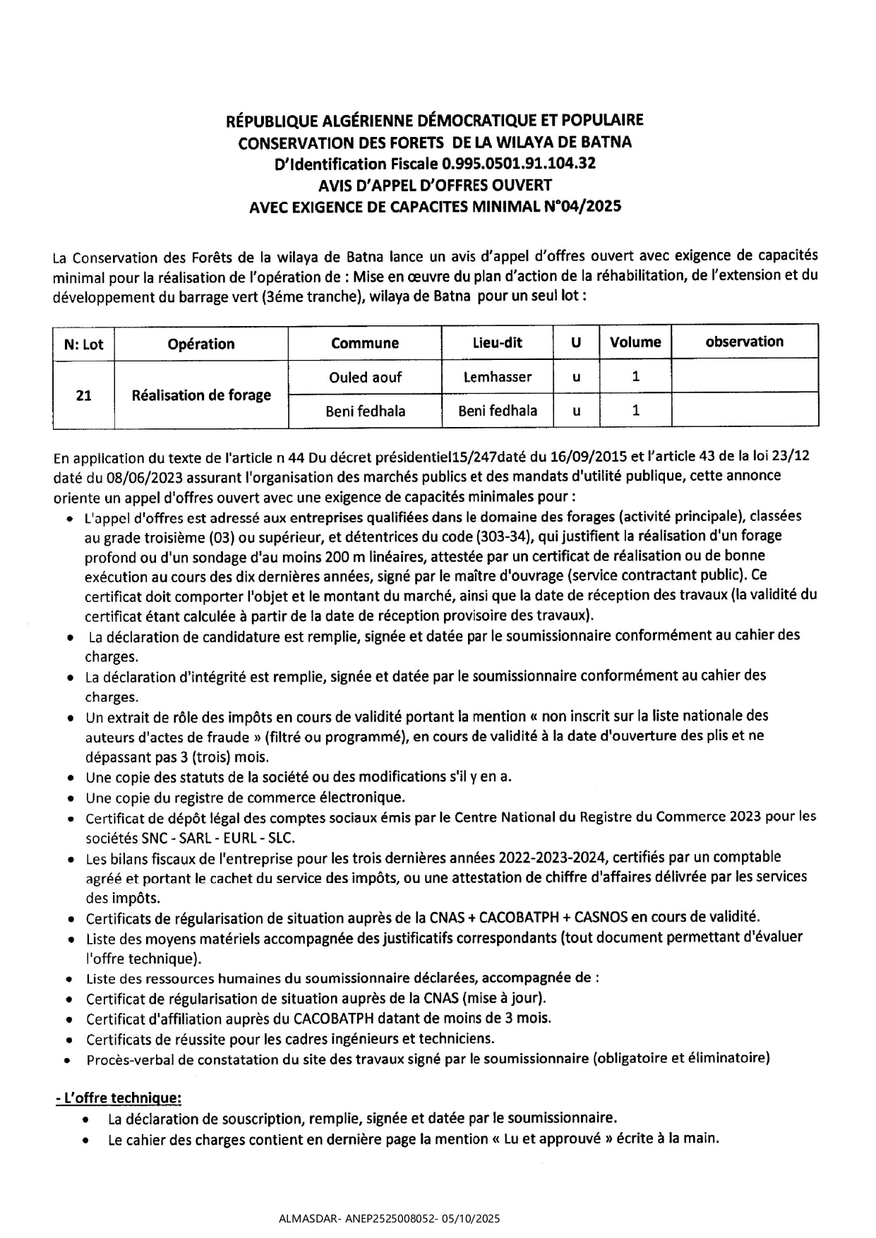 avis d'appel d'offres ouvert avec exigence de capacites minimal n°04/2025