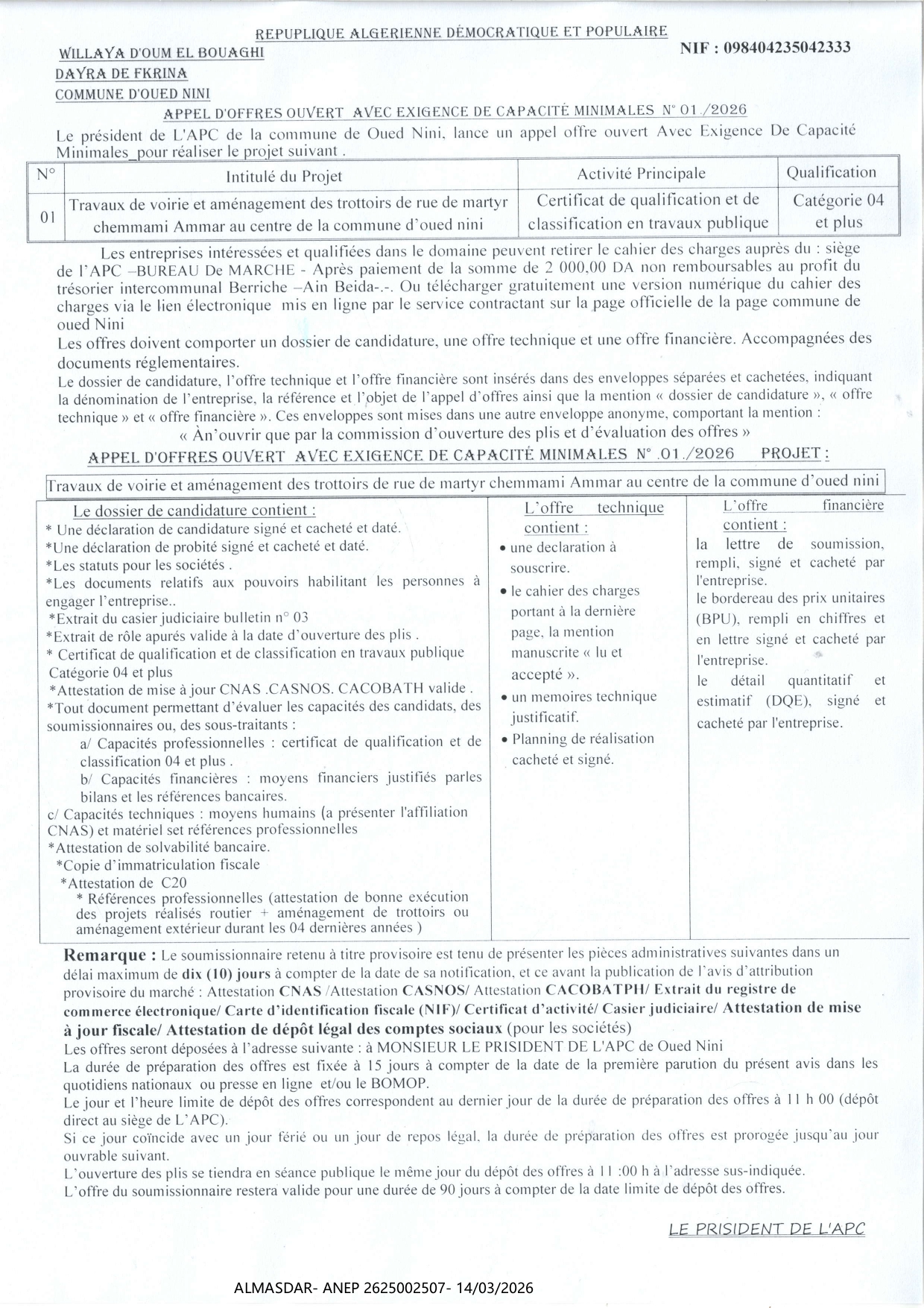 APPEL D'OFFRES OUVERT AVEC EXIGENCE DE CAPACITE MINIMALES N