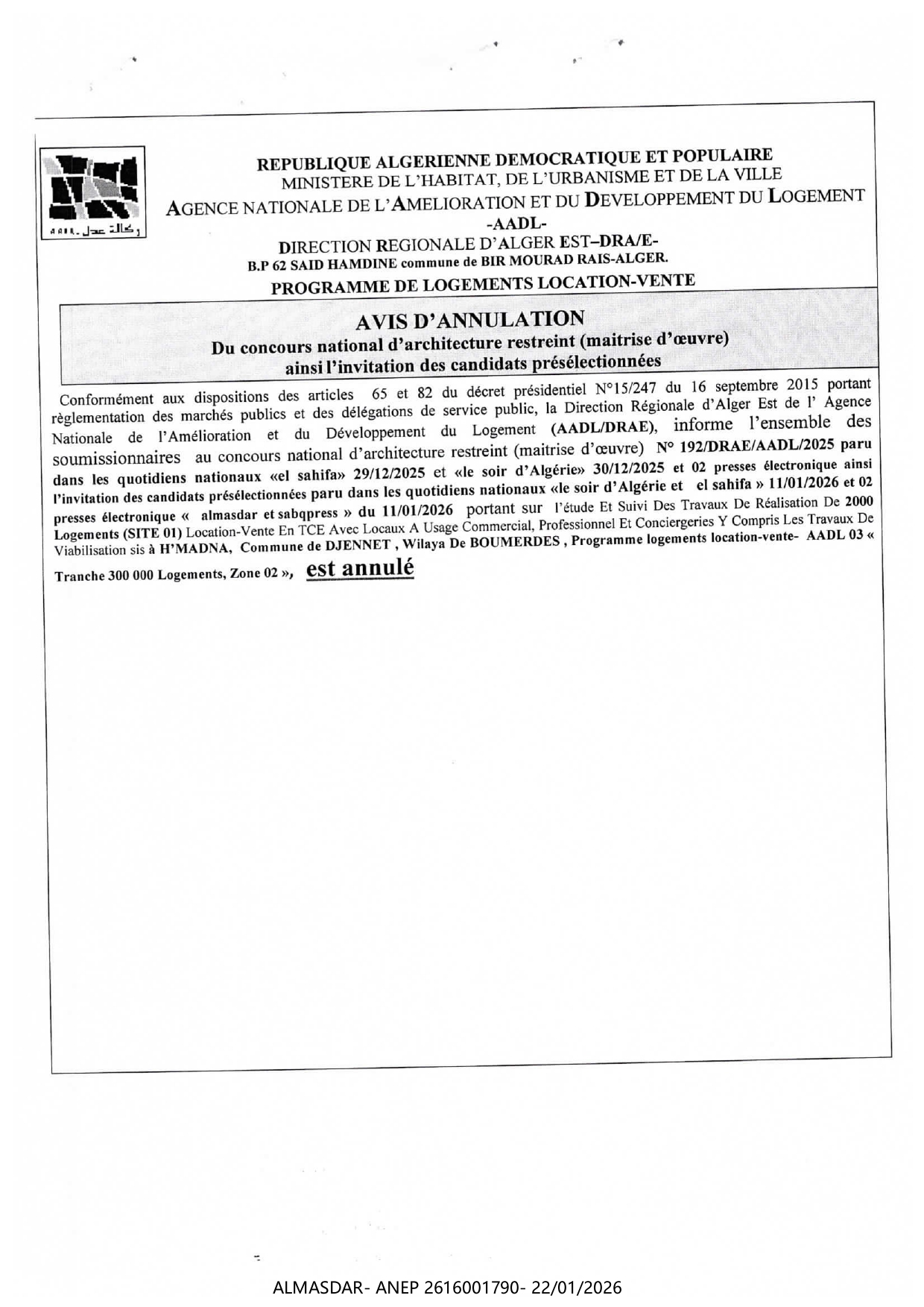 avis d'annulation du concours national d'architecture restreint maitrise d'oeuvre ainsi l'invitation des candidats présélectionnées