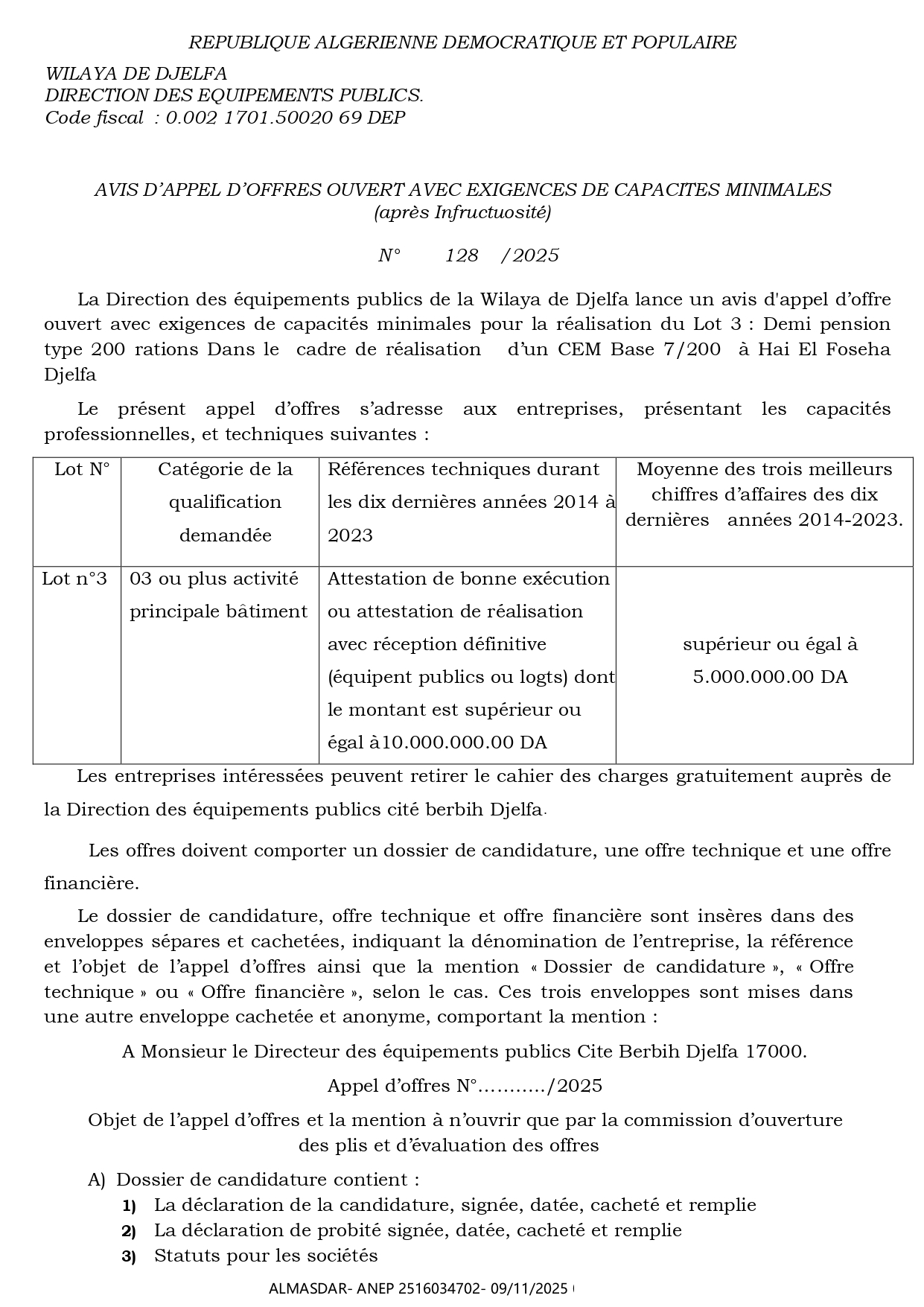 AVIS D’APPEL D’OFFRES OUVERT AVEC EXIGENCES DE CAPACITES MINIMALES  