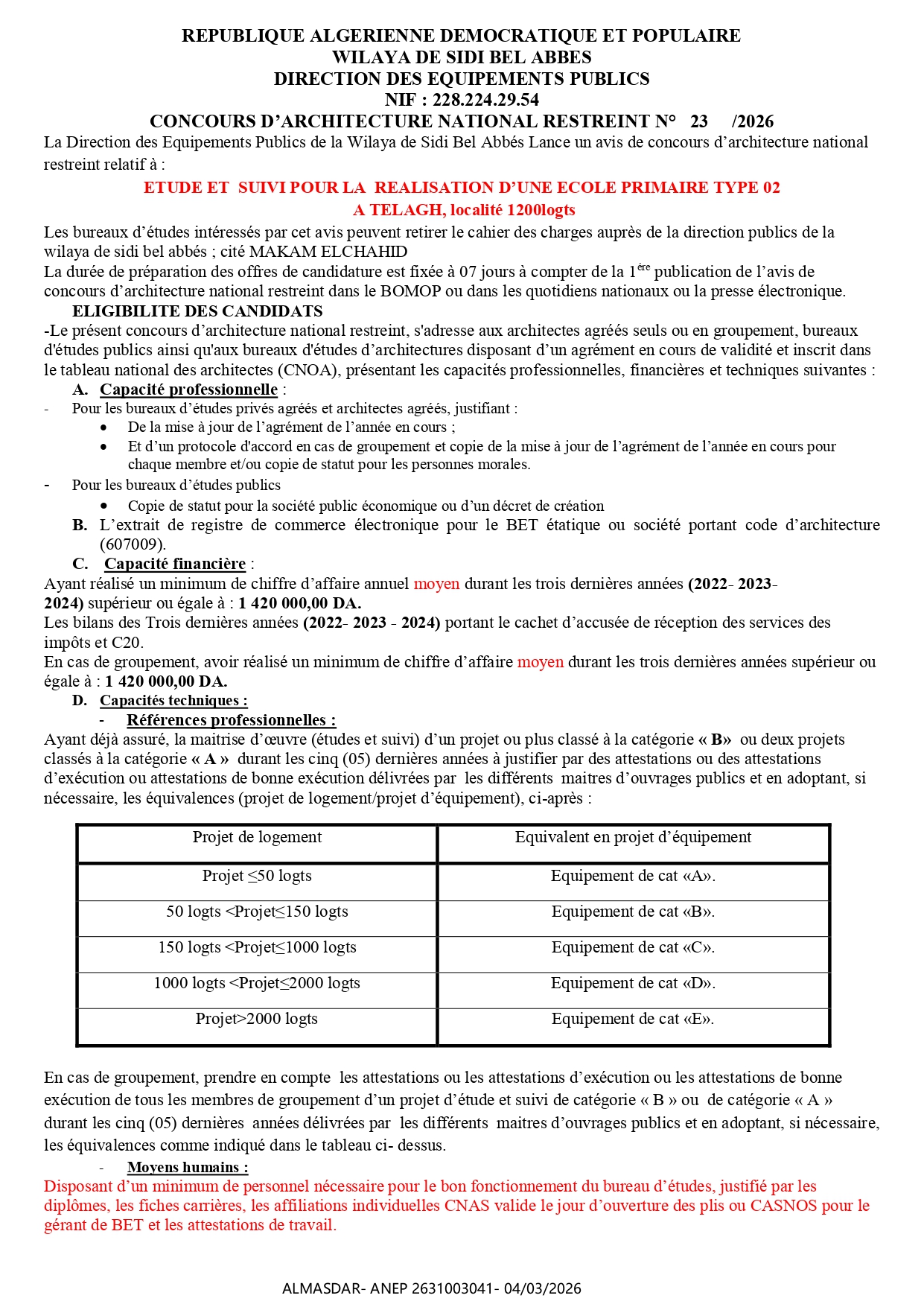 CONCOURS D’ARCHITECTURE NATIONAL RESTREINT N°   23     /2026