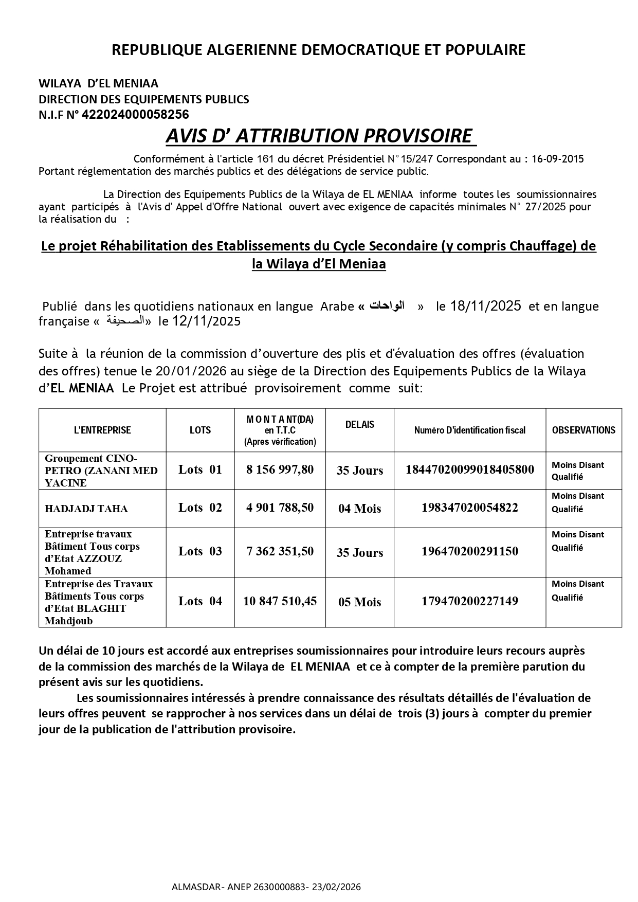 AVIS D’ ATTRIBUTION PROVISOIRE...