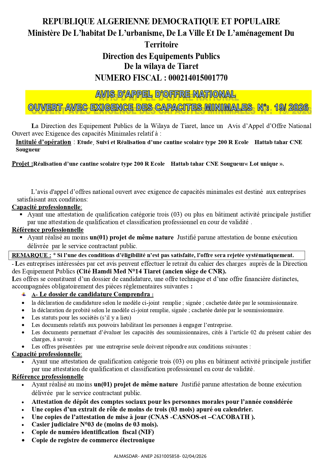 AVIS D'APPEL D'OFFRE NATIONAL OUVERT AVEC EXIGGENCE DES CAPACITES MINIMALES N 19/2026