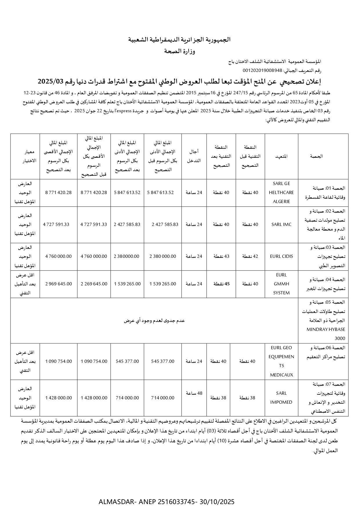 إعلان تصحيحي عن المنح المؤقت تبعا لطلب العروض الوطني المفتوح مع اشتراط قدرات دنيا رقم 2025/03