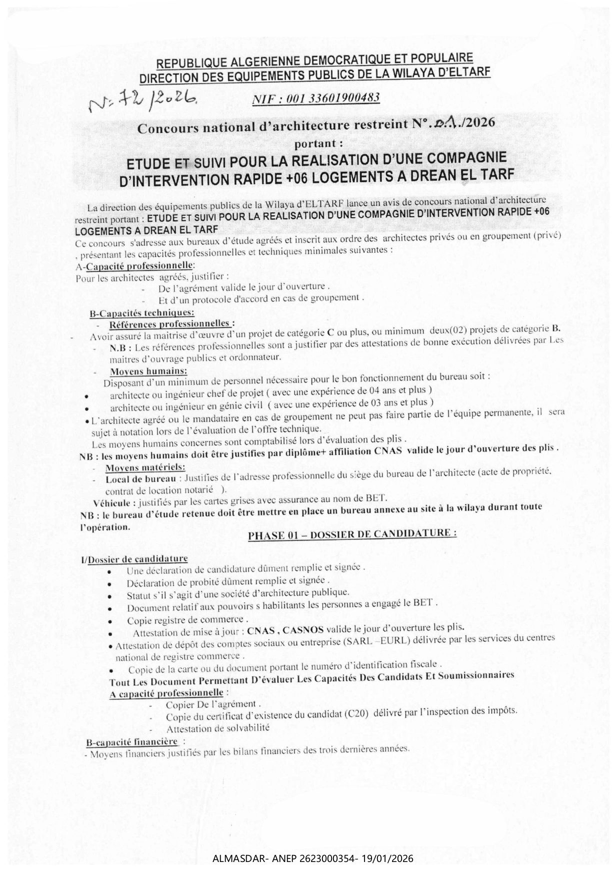 CONCOURS NATIONAL D4ARCHITECTURE RESTREINT N 01/2026