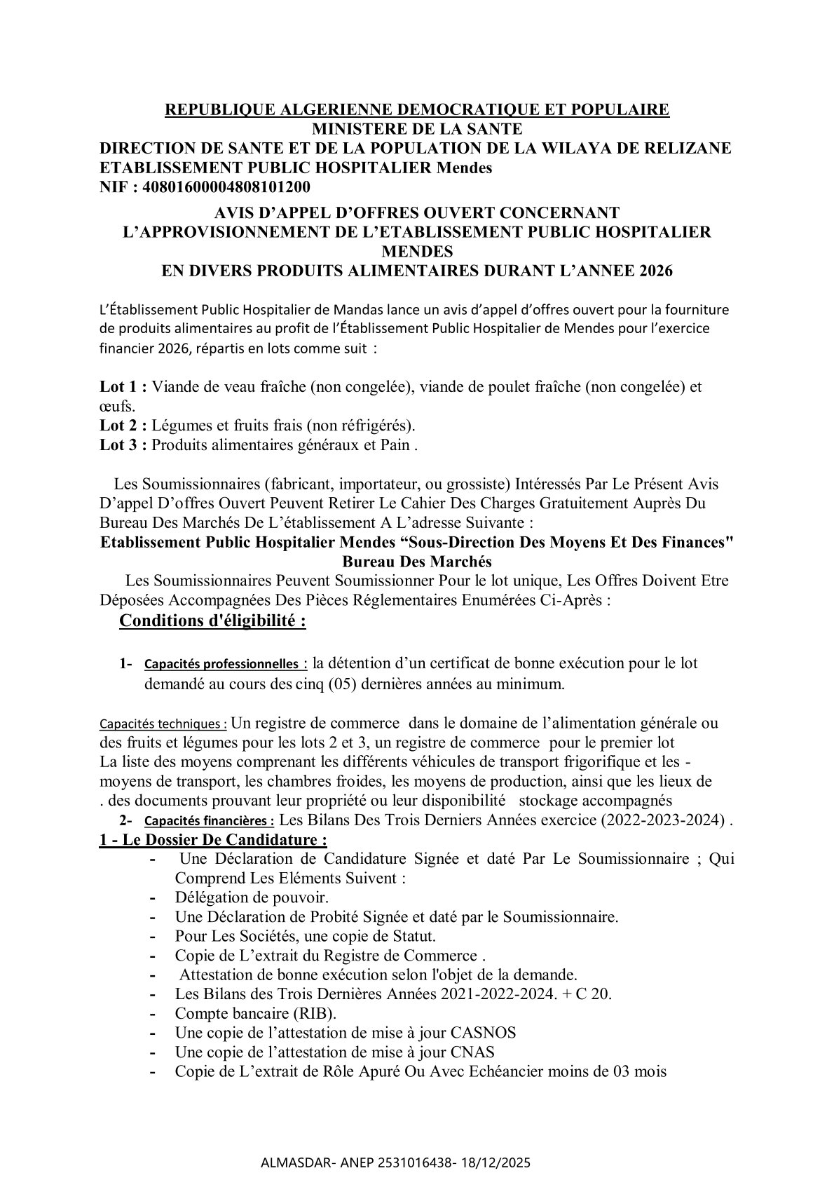AVIS D’APPEL D’OFFRES OUVERT CONCERNANT  L’APPROVISIONNEMENT DE L’ETABLISSEMENT PUBLIC HOSPITALIER  MENDES  EN DIVERS PRODUITS ALIMENTAIRES DURANT L’ANNEE 2026 