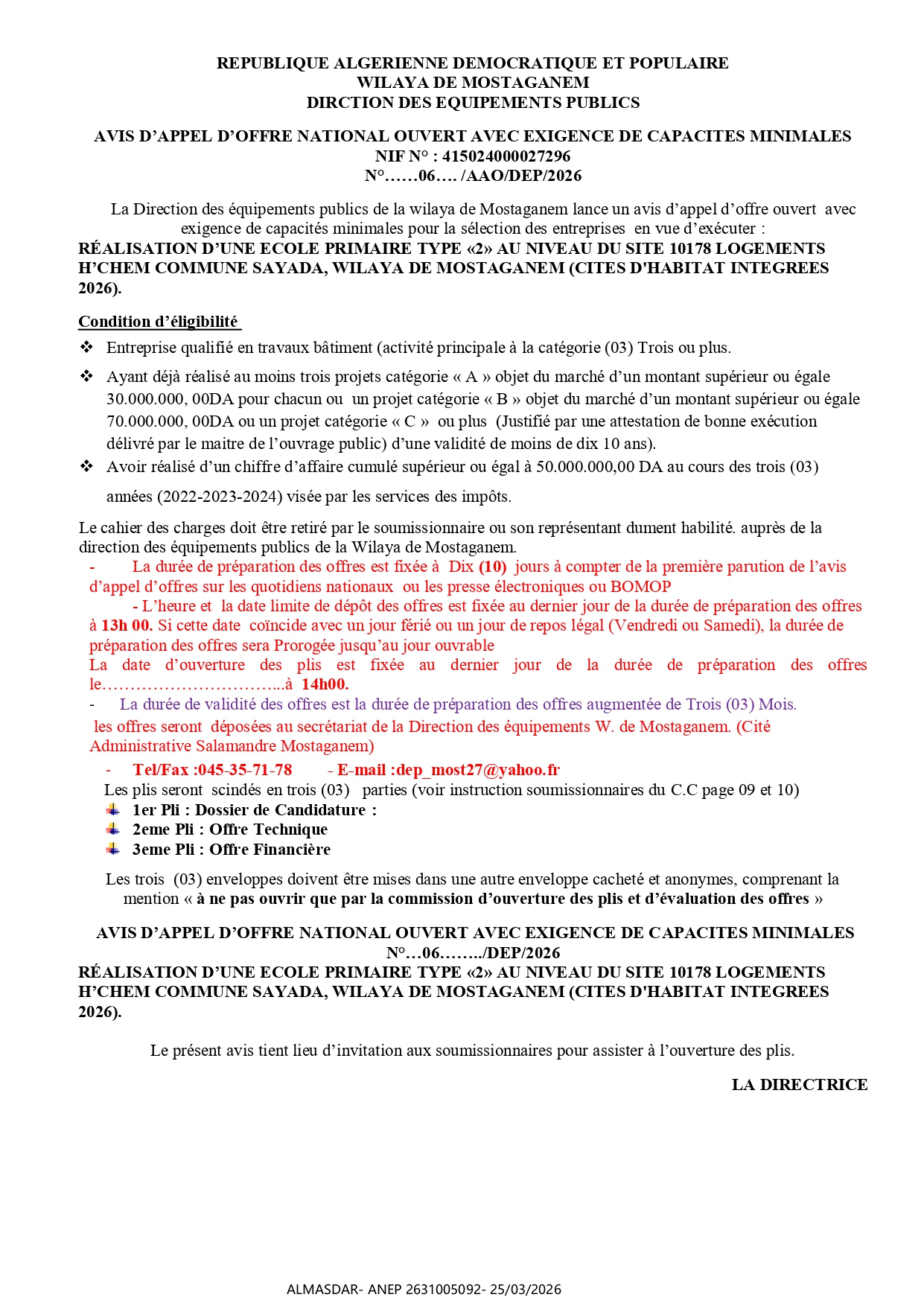  N°……06…. /AAO/DEP/2026 AVIS D’APPEL D’OFFRE NATIONAL OUVERT AVEC EXIGENCE DE CAPACITES MINIMALES 