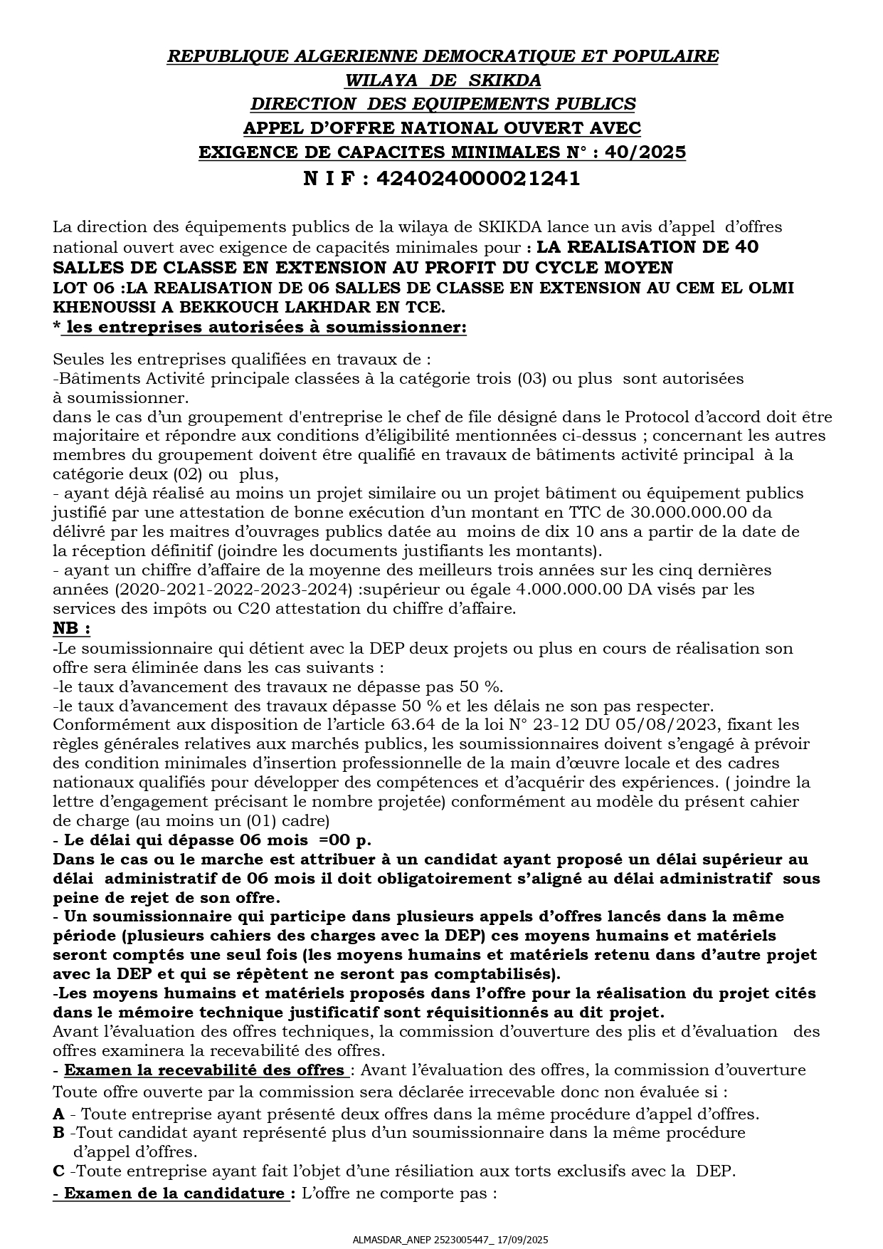 appel  d'offre national ouvert  n 40/2025