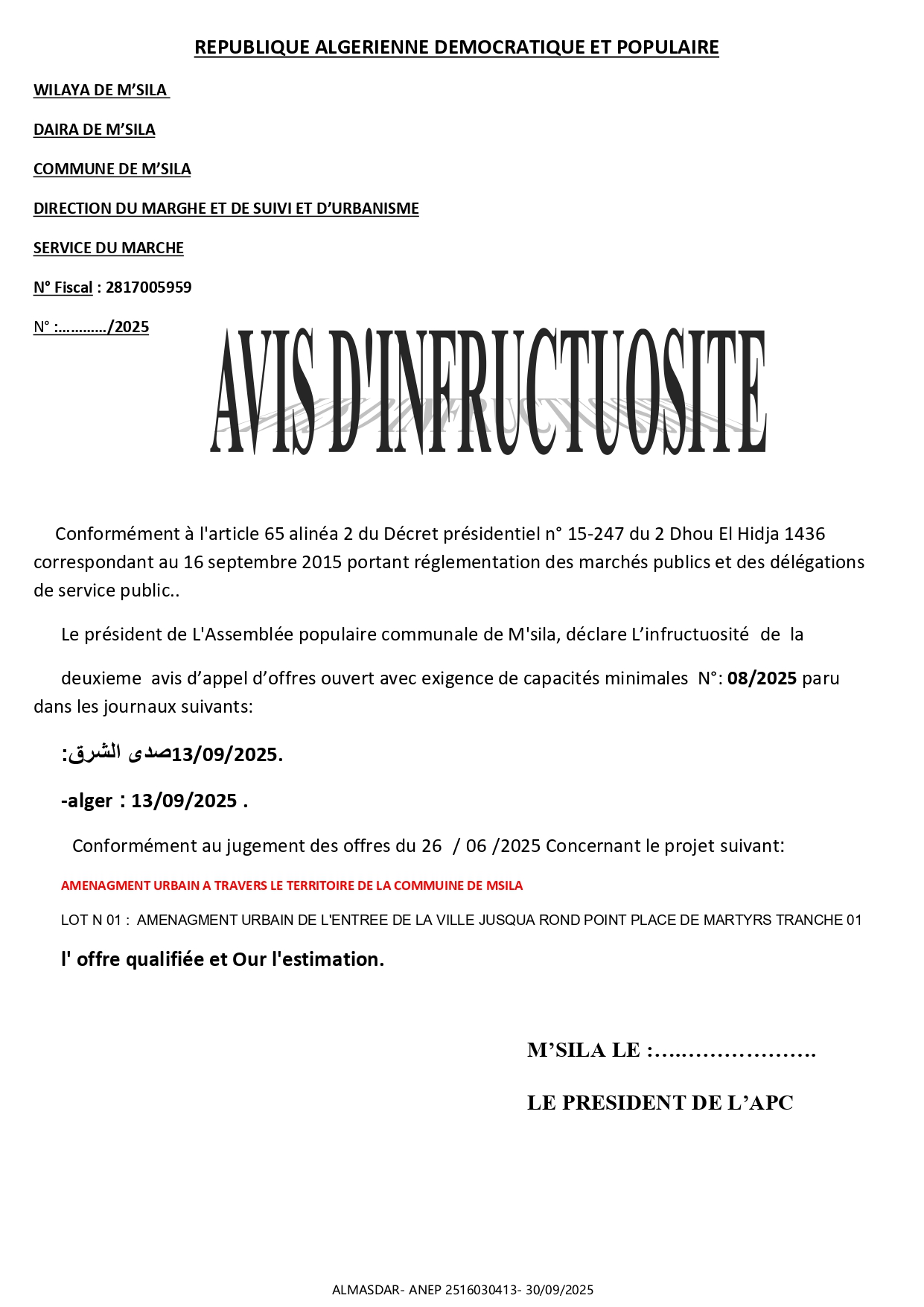 AVIS D'INFRUCTUOSITE