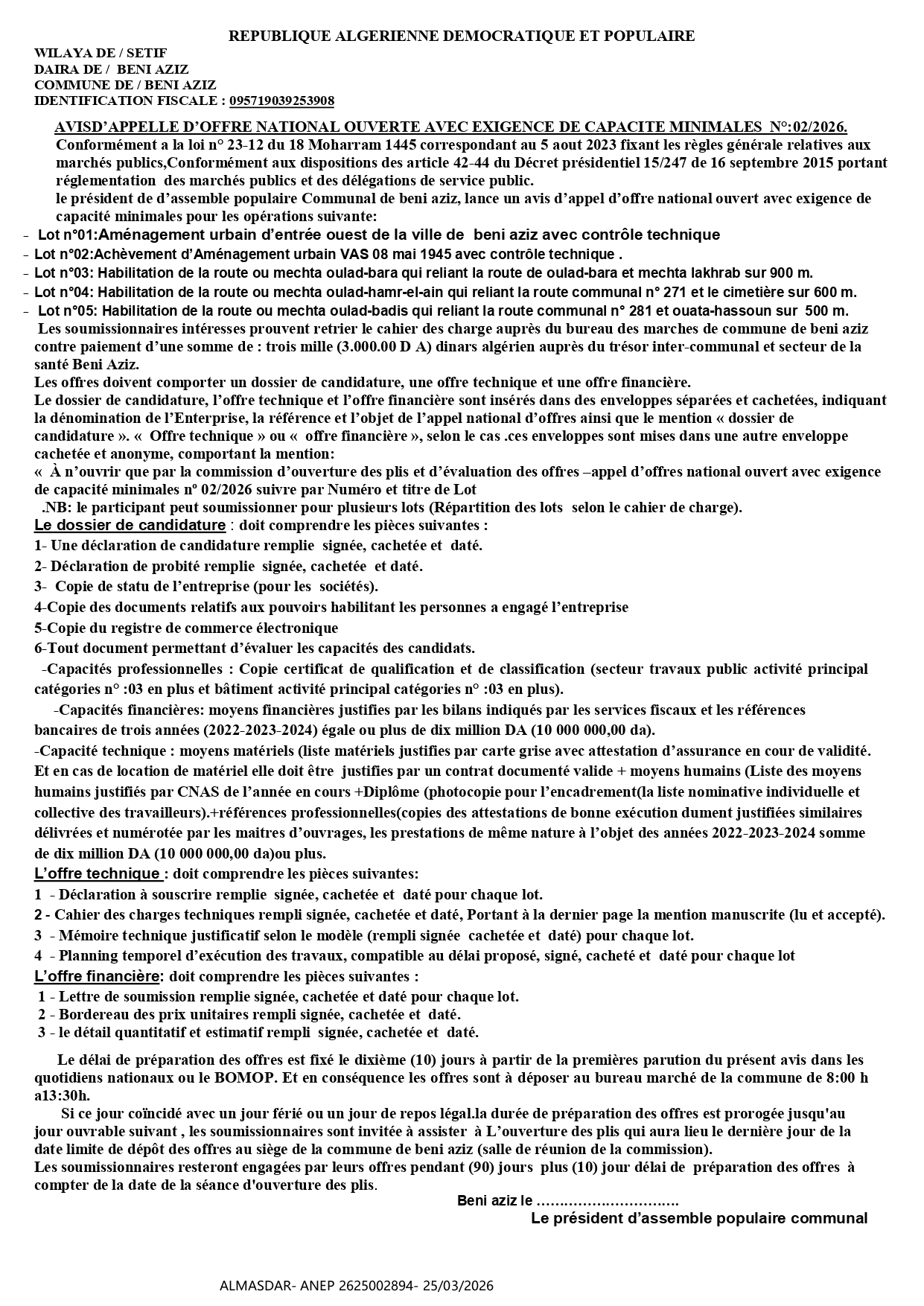 AVISD’APPELLE D’OFFRE NATIONAL OUVERTE AVEC EXIGENCE DE CAPACITE MINIMALES  N°:02/2026. 