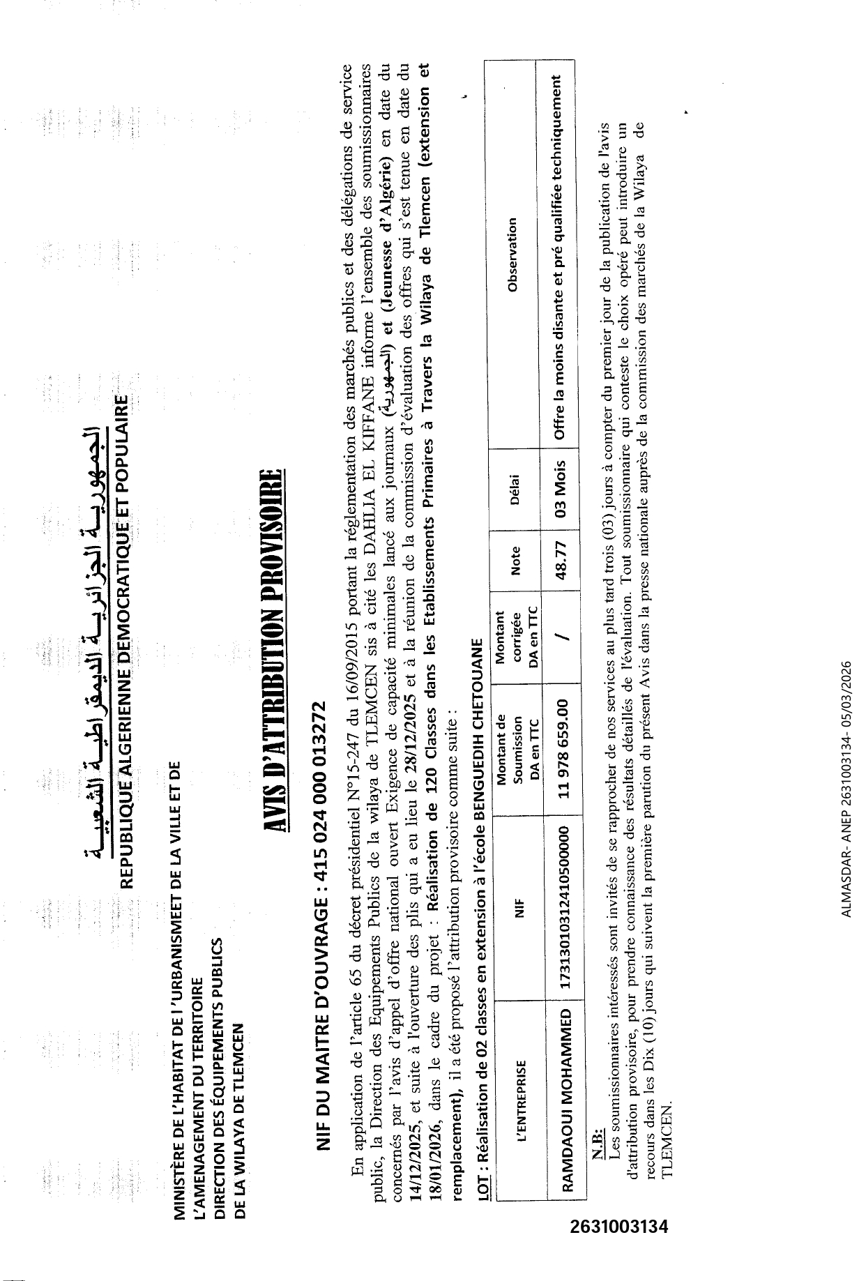 **/AVIS D'ATTRIBUTION PROVISOIRE