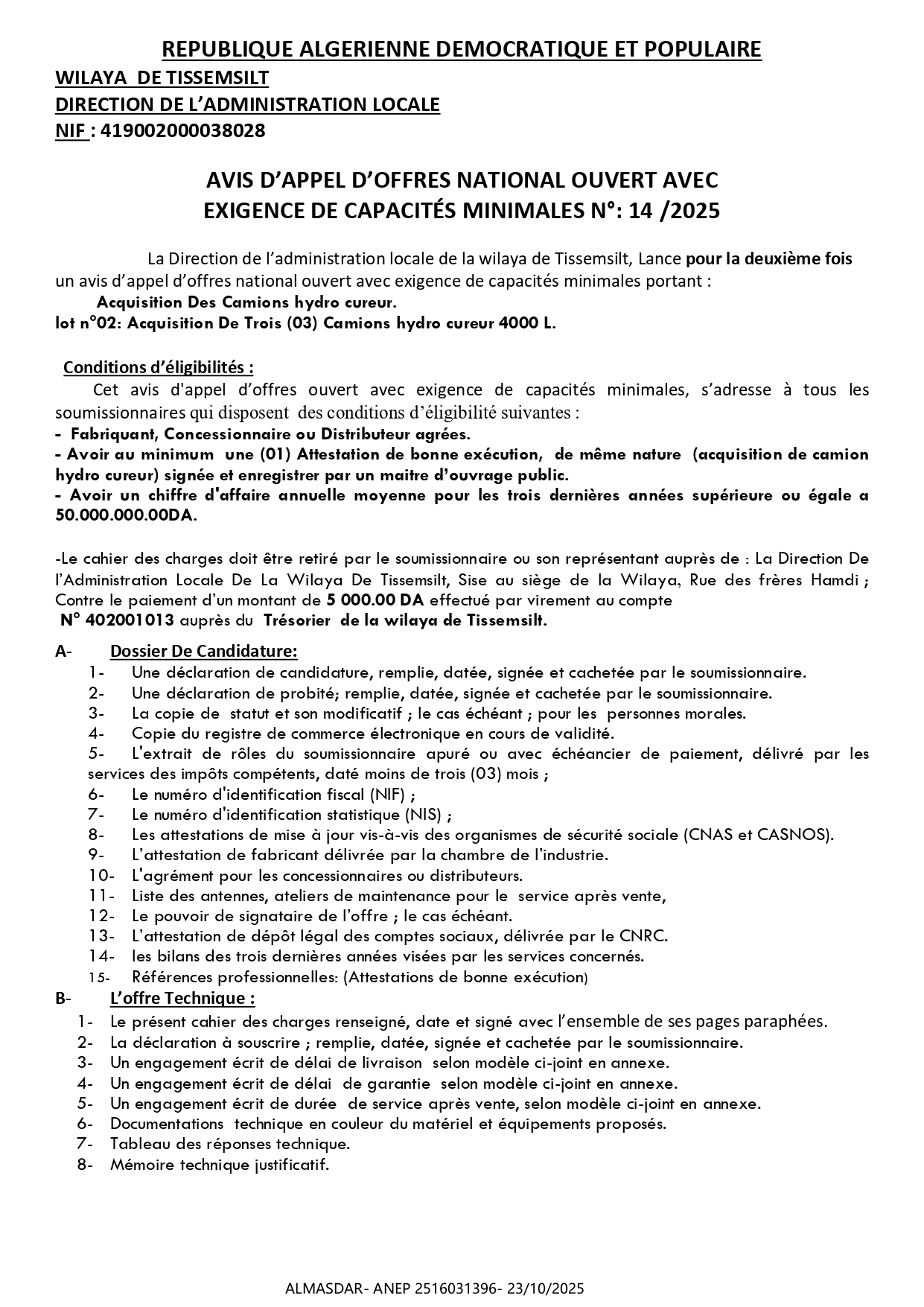 AVIS D’APPEL D’OFFRES NATIONAL OUVERT AVEC   EXIGENCE DE CAPACITÉS MINIMALES N°: 14  /2025