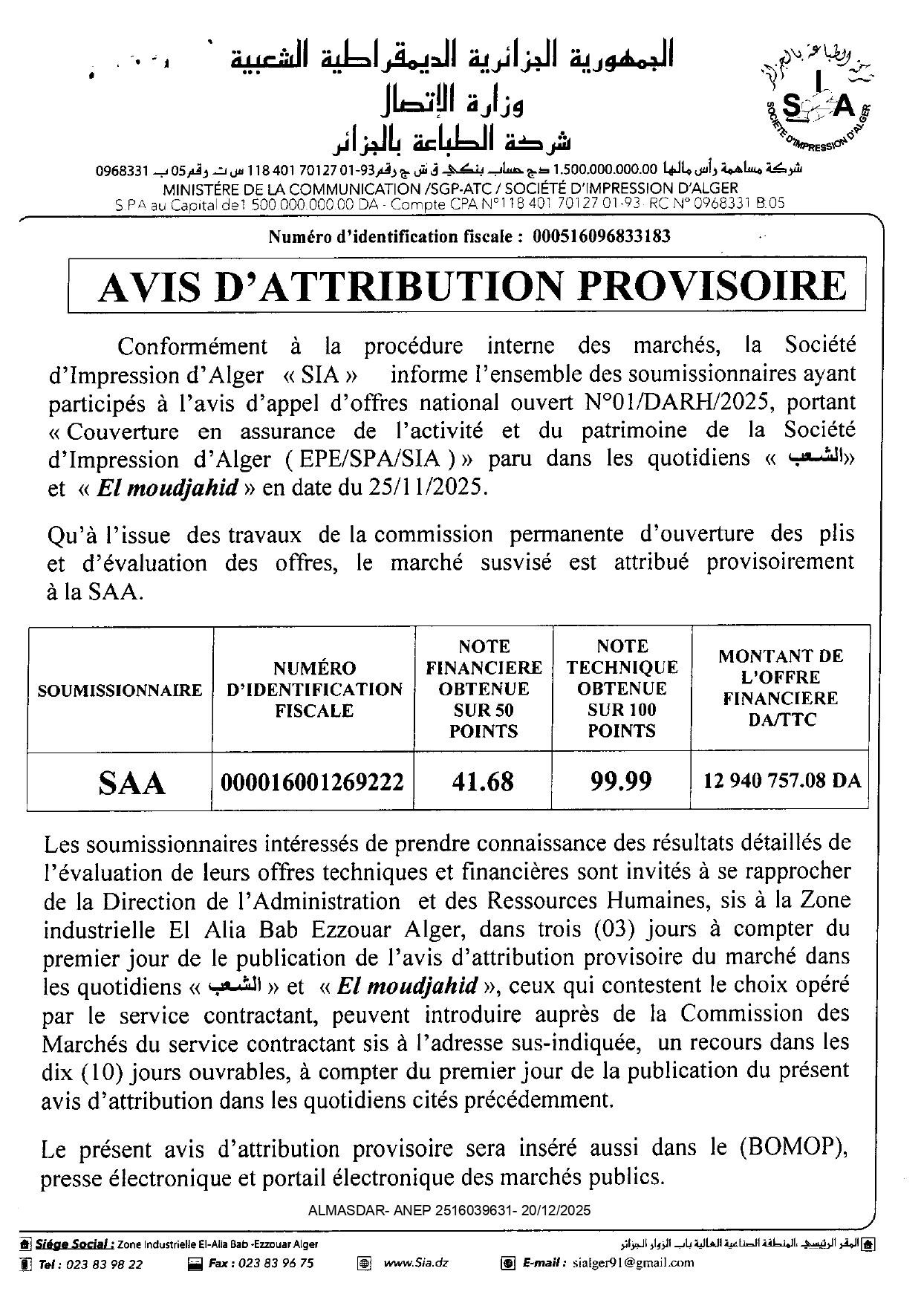 _AVIS D'ATTRIBUTION PROVISOIRE 