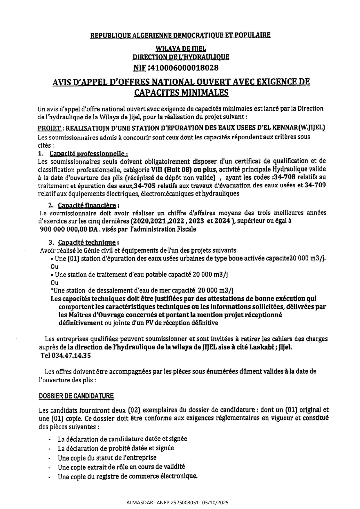 AVIS D'APPEL D'OFFRES NATIONAL OUVERT AVEC EXIGENGE DE CAPACITES MINIMALES