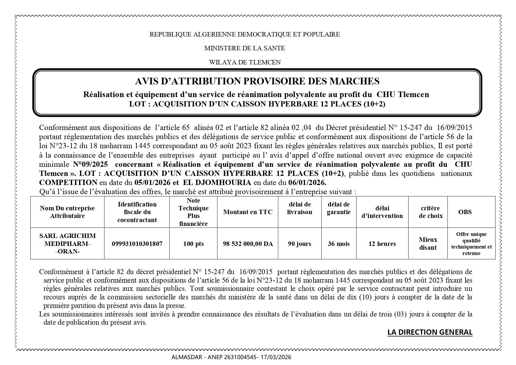*/AVIS D’ATTRIBUTION PROVISOIRE DES MARCHES 