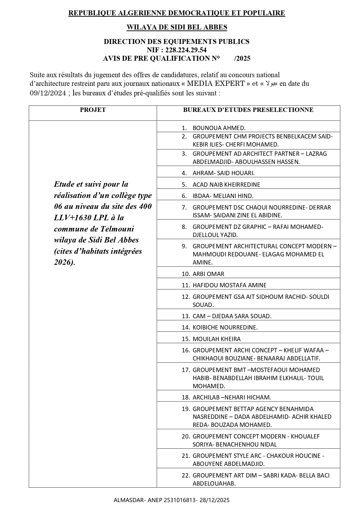 AVIS DE PRE QUALIFICATION 