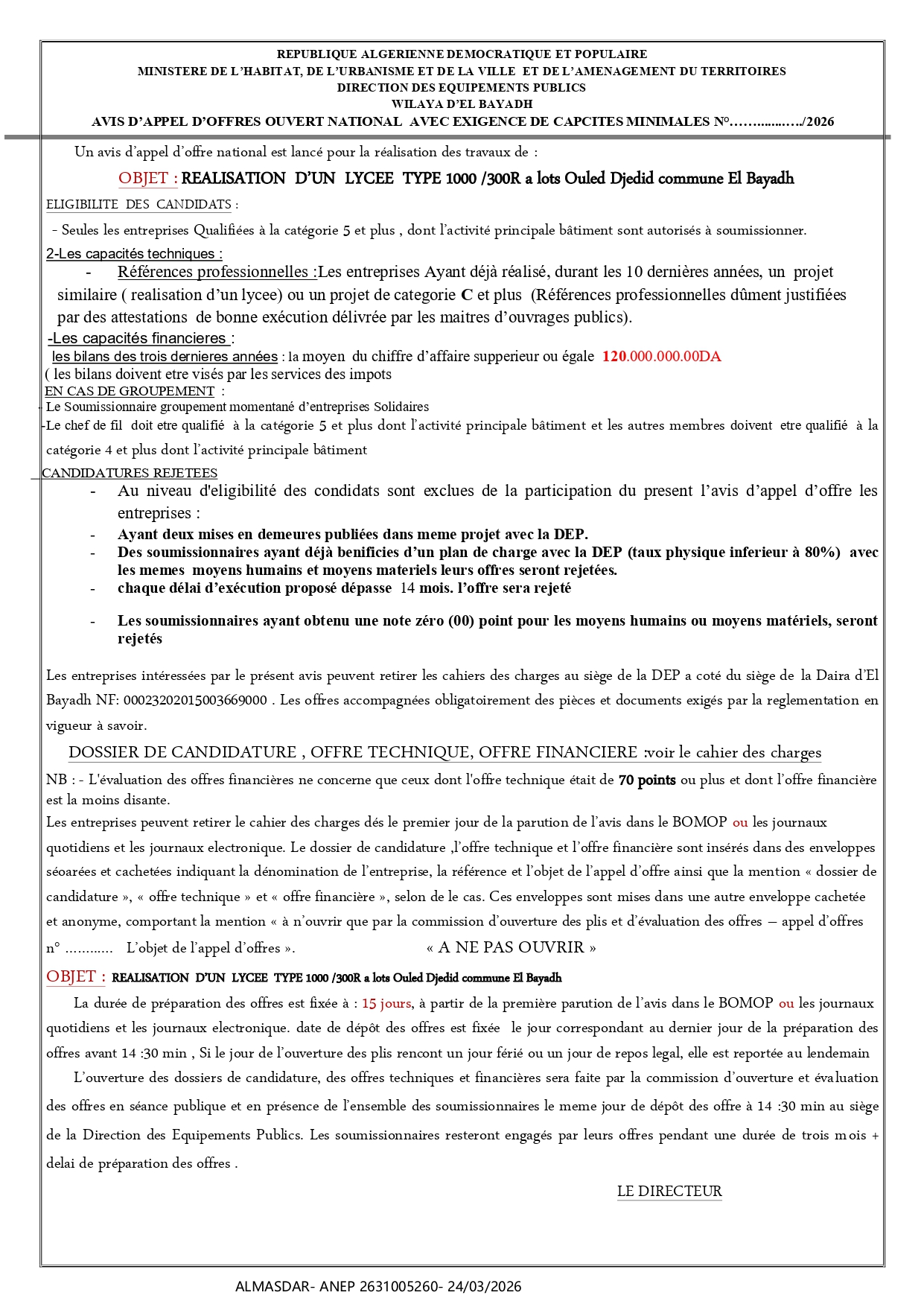 AVIS D’APPEL D’OFFRES OUVERT NATIONAL  AVEC EXIGENCE DE CAPCITES MINIMALES N°……........…./2026 