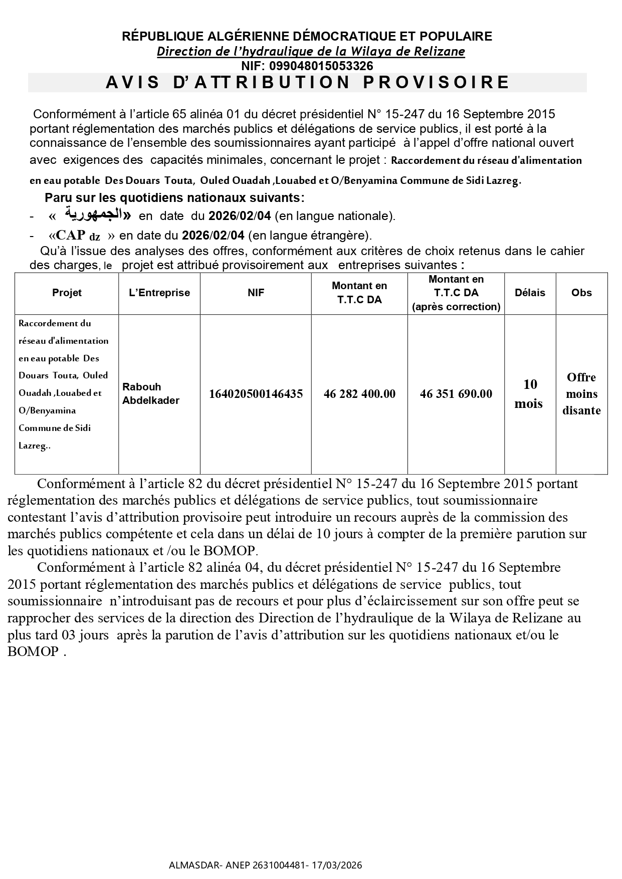 A V I S   D’ A TT R I B U T I O N   P R O V I S O I R E  