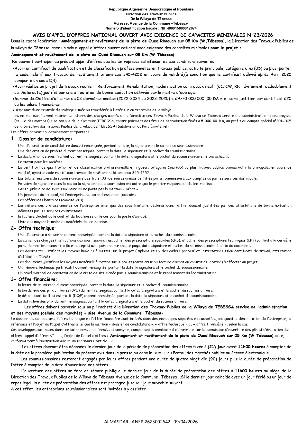 AVIS D’APPEL D’OFFRES NATIONAL OUVERT AVEC EXIGENCE DE CAPACITES MINIMALES N°23/2026 