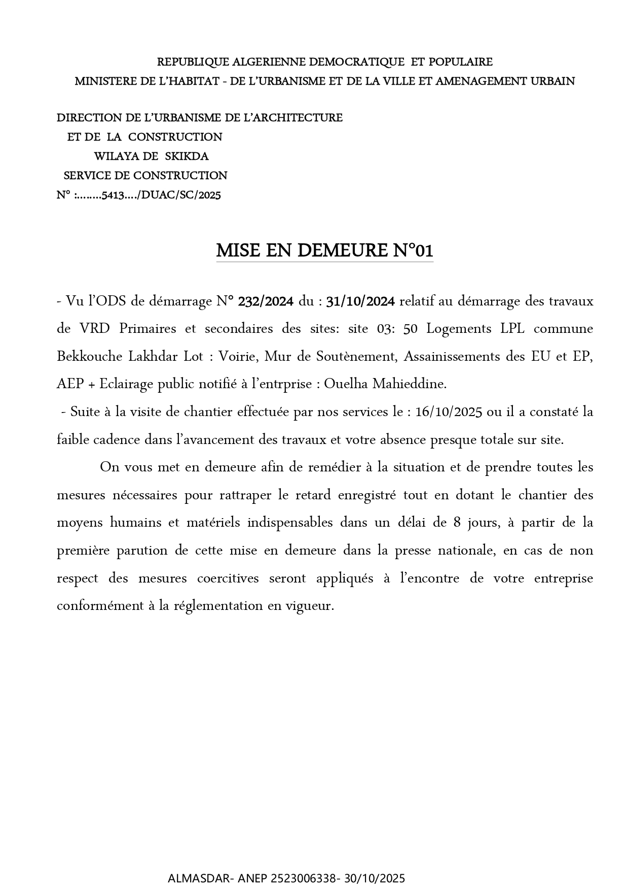 MISE EN DEMEURE  N°01