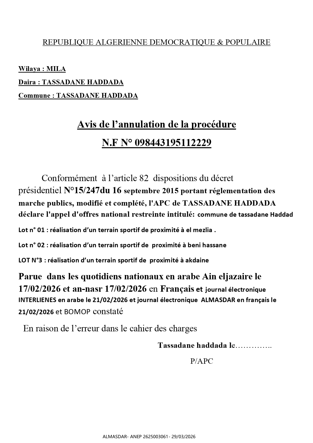 avis de l'annulation de la procédure