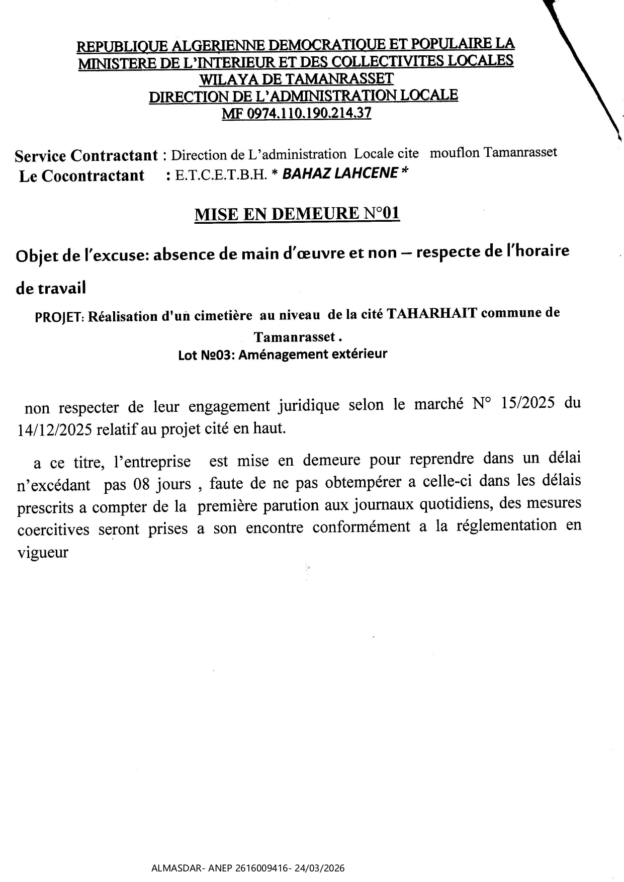 MISE EN DEMEURE N01****