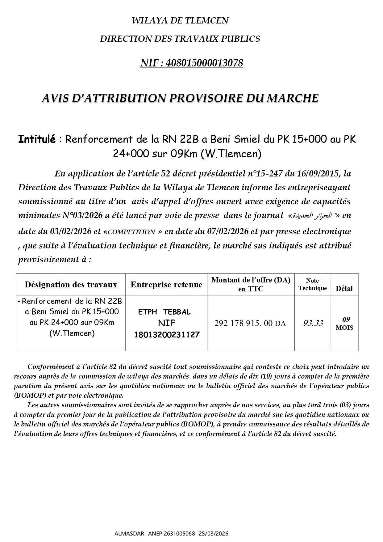 AVIS D’ATTRIBUTION PROVISOIRE DU MARCHE*/*/