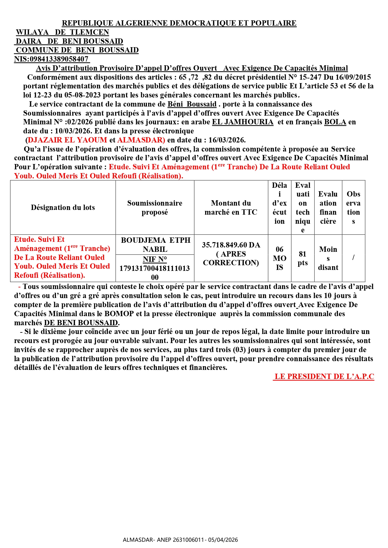 Avis D’attribution Provisoire D’appel D’offres Ouvert   Avec Exigence De Capacités Minimal 
