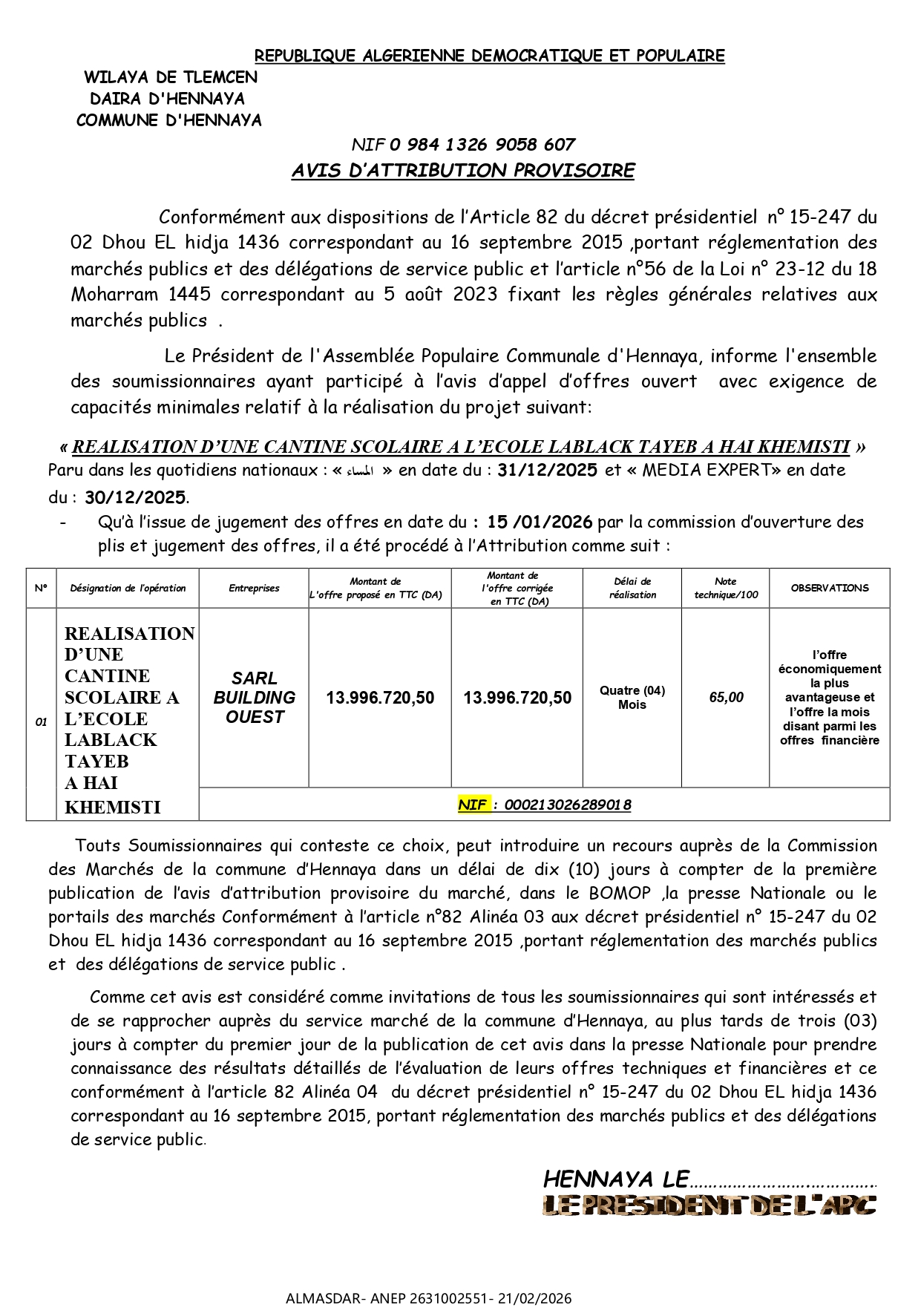 AVIS D’ATTRIBUTION PROVISOIRE ***//