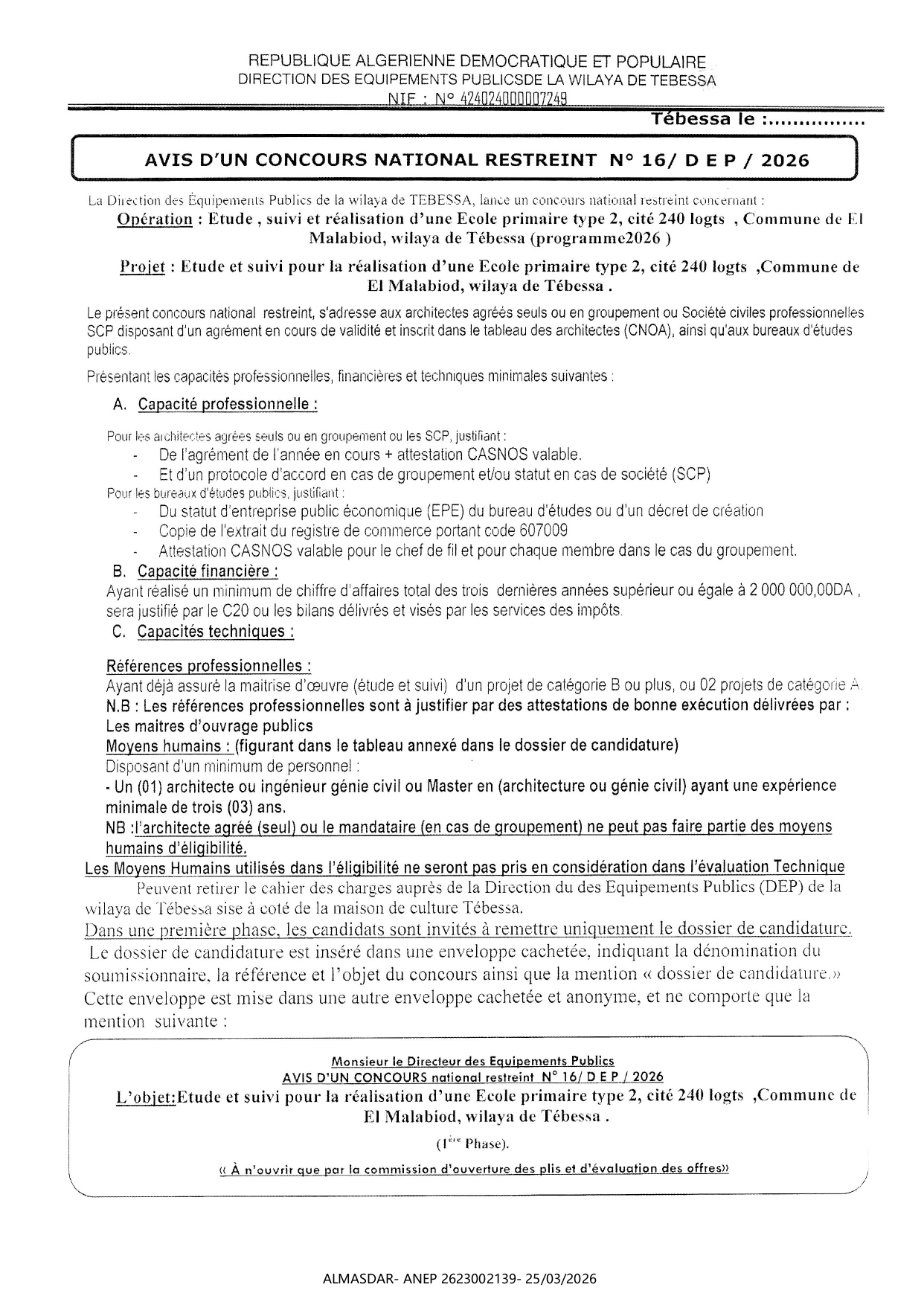 avis d'un concours national restreint n °16/dep/2026