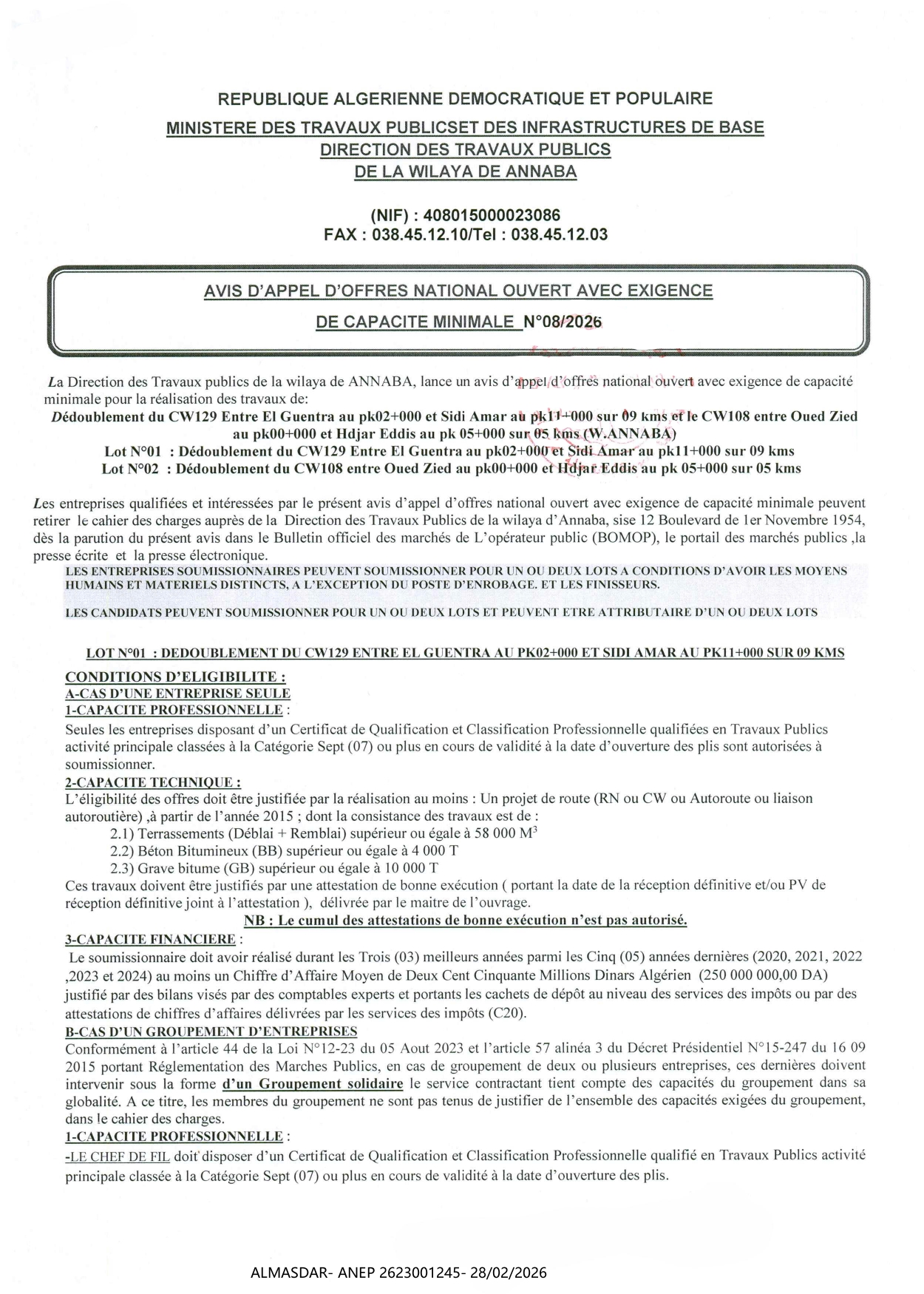 avis d'appel d'offre national ouvert avec exigence de capacite minimale n 08/2026