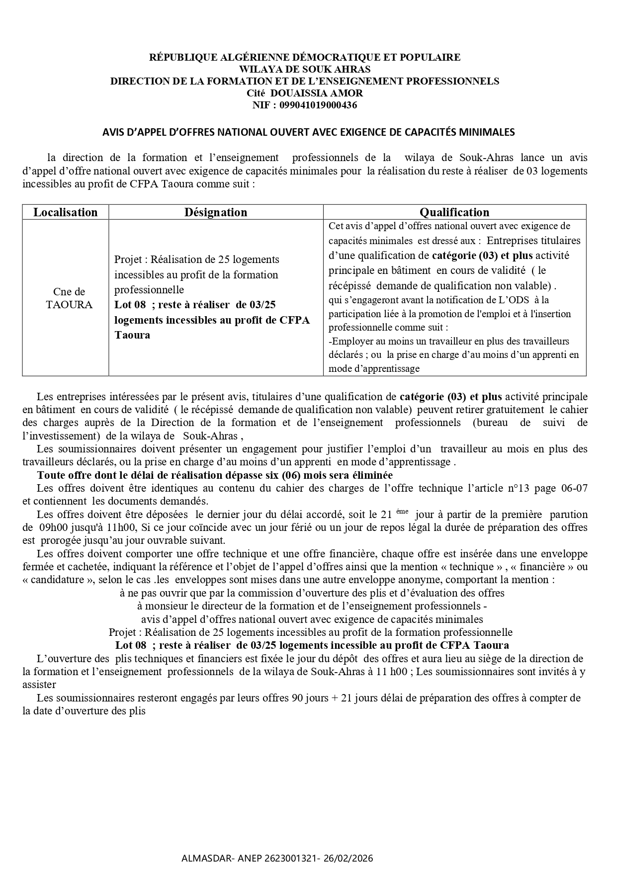 AVIS D’APPEL D’OFFRES NATIONAL OUVERT AVEC EXIGENCE DE CAPACITÉS MINIMALES  -