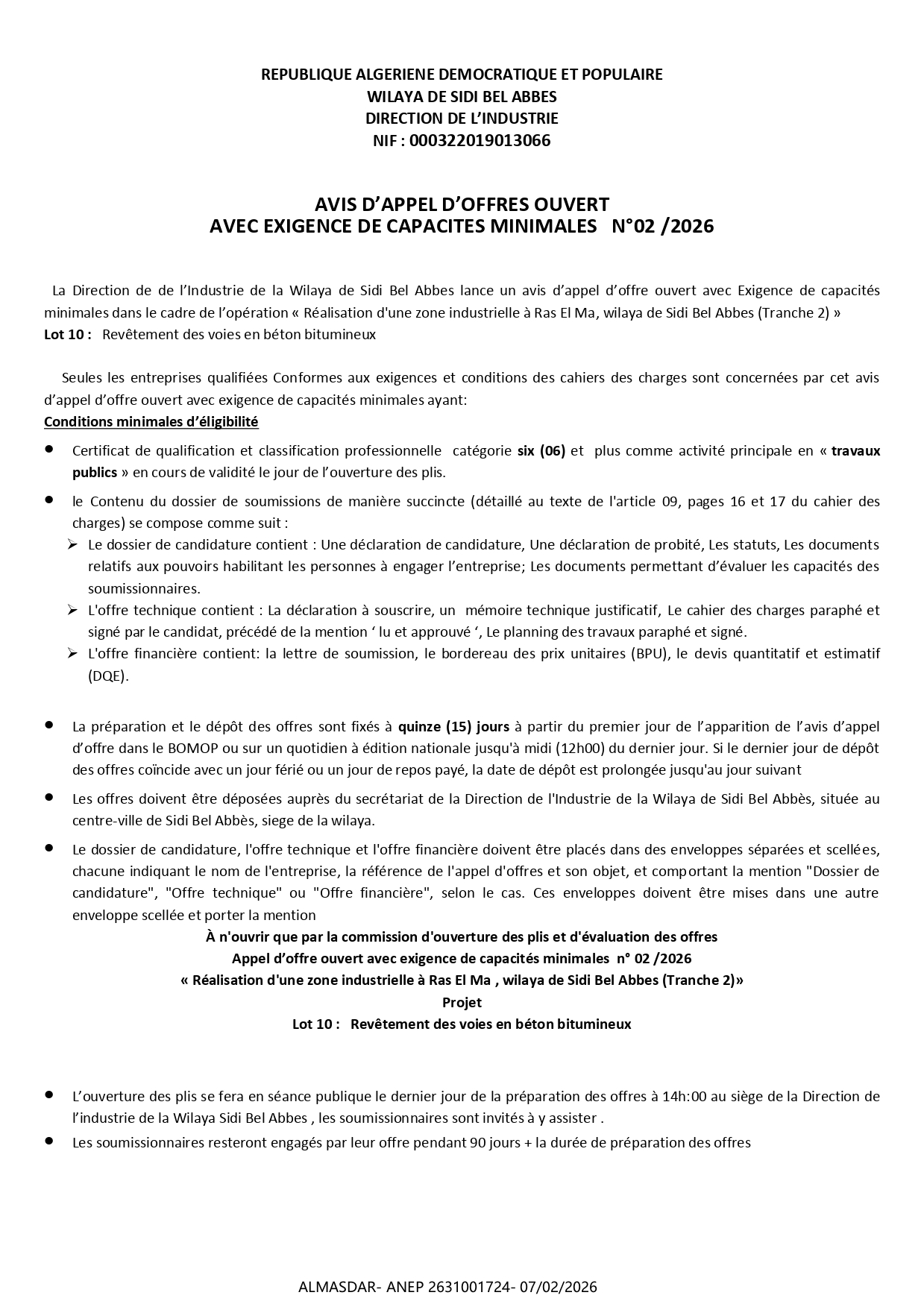 AVIS D’APPEL D’OFFRES OUVERT   AVEC EXIGENCE DE CAPACITES MINIMALES   N°02 /2026