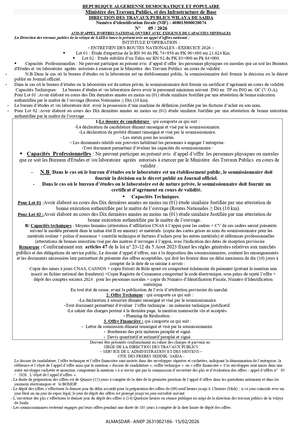 N°05 / 2026  AVIS D’APPEL D’OFFRES NATIONAL OUVERT AVEC EXIGENCE DE CAPACITES MINIMALES 