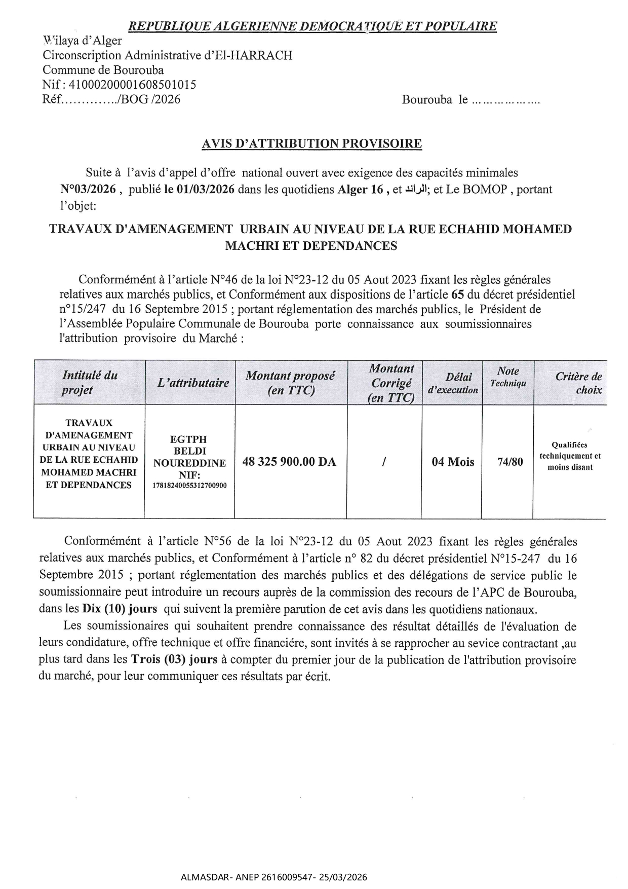 AVIS D'ATTRIBUTION PROVISOIRE*/*/
