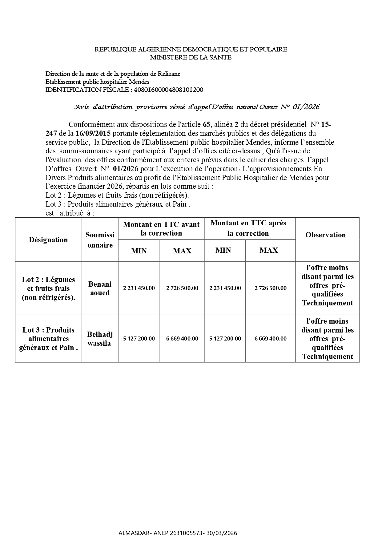 Avis  d'attribution  provisoire 2émé  d’appel D’offres  national Ouvert  N°  10/0102 