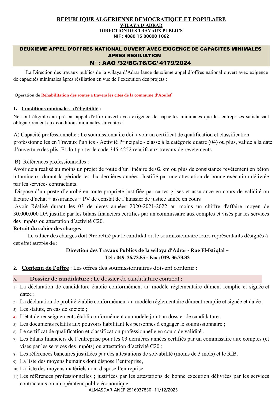 DEUXIEME APPEL D’OFFRES NATIONAL OUVERT AVEC EXIGENCE DE CAPACITES MINIMALES   APRES RESILIATION
