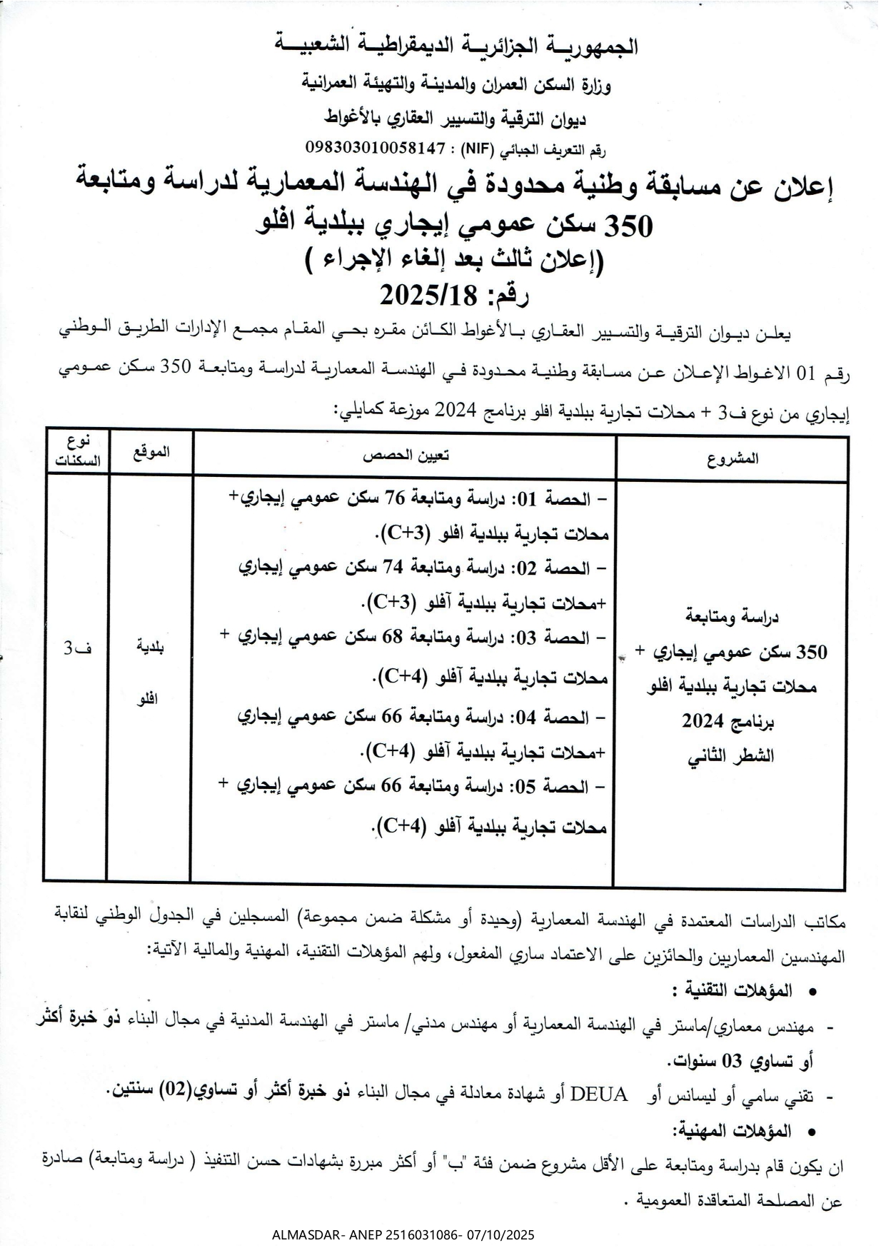 اعلان عن مسابقة وطنية محدودة في الهندسة المعمارية لدراسة ومتابعة 350 سكن عمومي إيجاري ببلدية افلو (اعلان ثالث بعد الغاء الاجراء) رقم 18/2025
