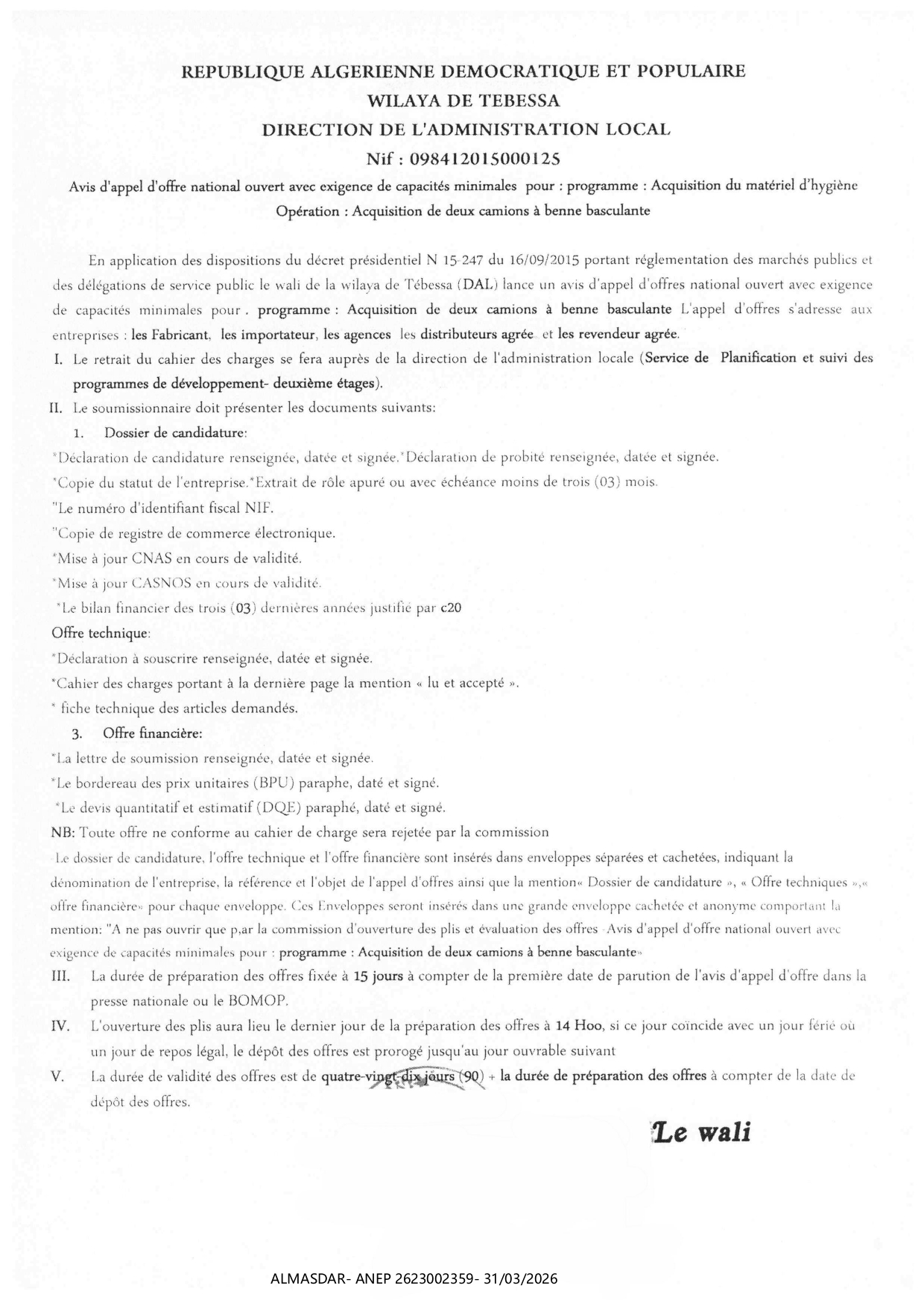 AVIS D'APPEL D'OFFRE NATIONAL OUVERT AVEC EXIGENCE DE CAPACITES MINIMALES */*/