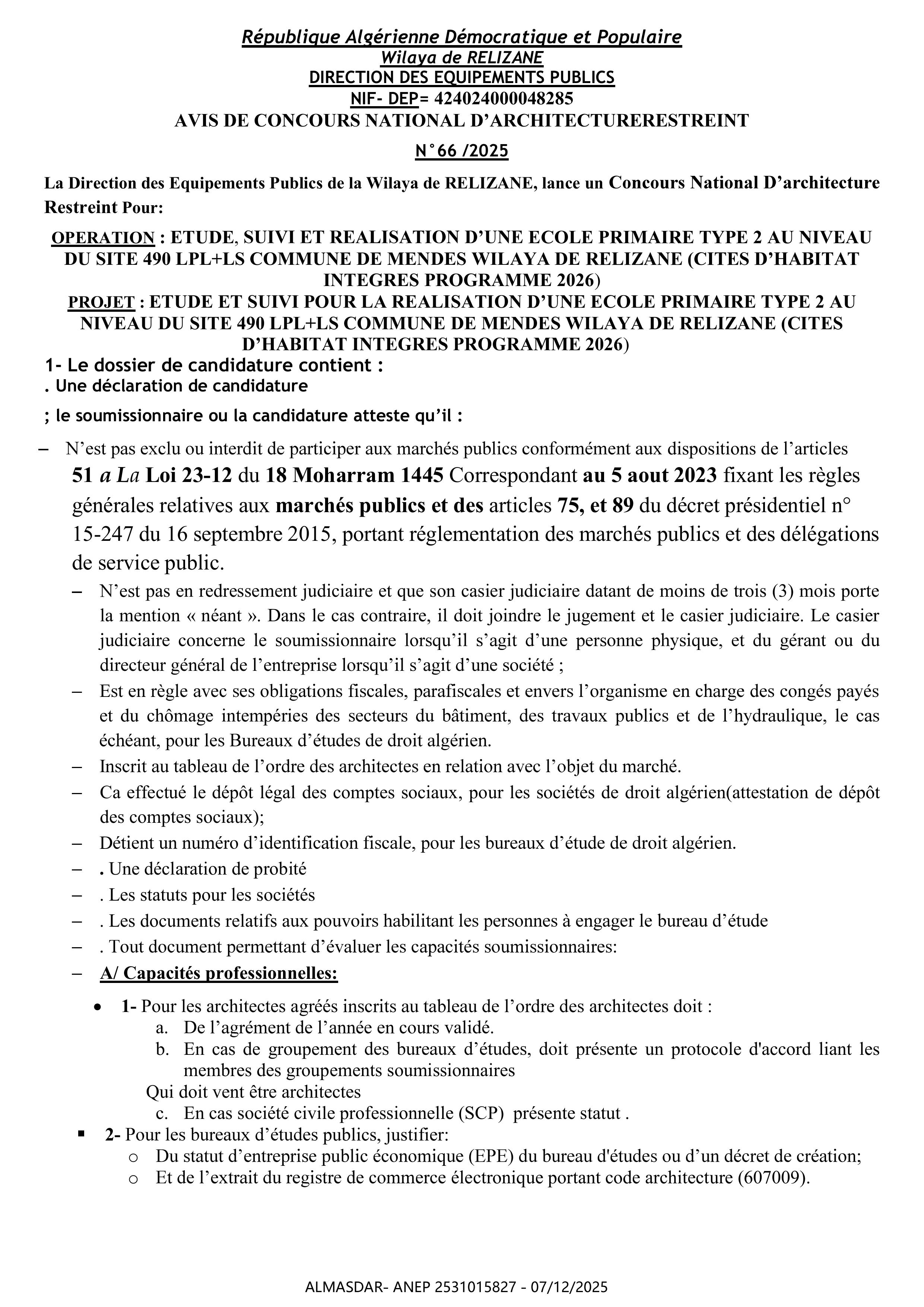 AVIS DE CONCOURS NATIONAL D'ARCHITECTURE RESTREINT N 66/2025