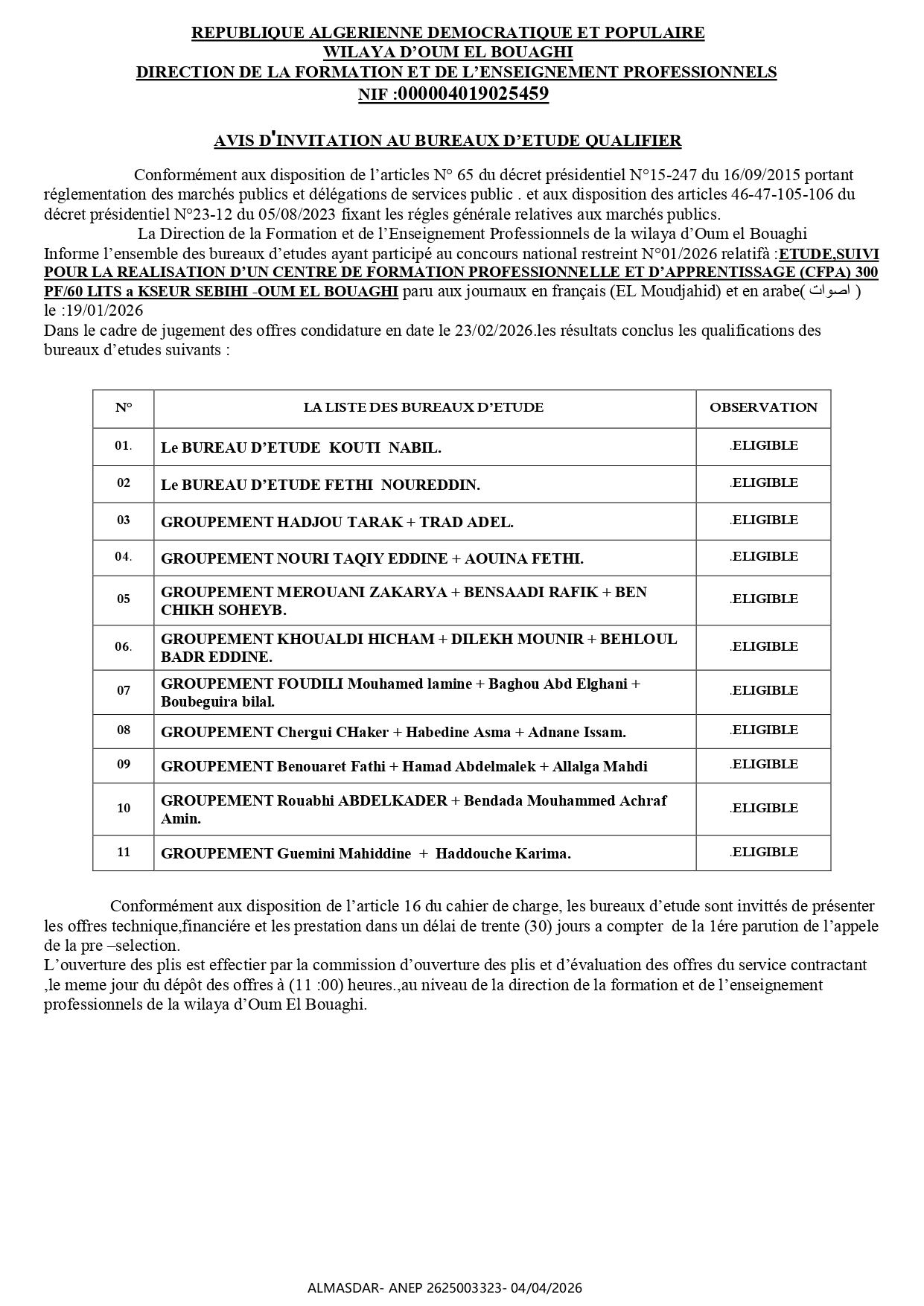 AVIS D'INVITATION AU BUREAUX D’ETUDE QUALIFIER 