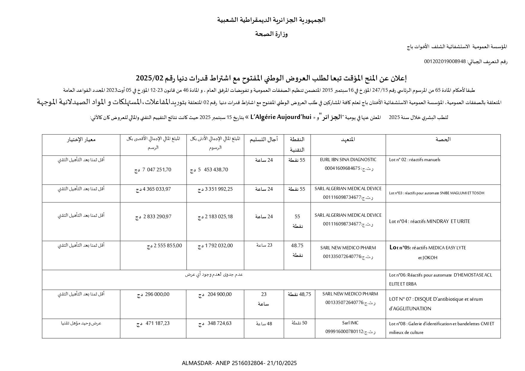 اعلان عن المنح المؤقت تبعا لطلب العروض الوطني المفتوح مع اشتراط قدرات دنيا رقم 2025/02