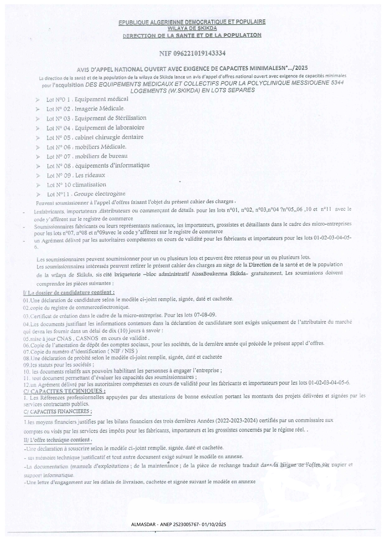 AVIS D'APPEL NATIONAL OUVERT AVEC EXIGENCE DE CAPACITES MINIMALES