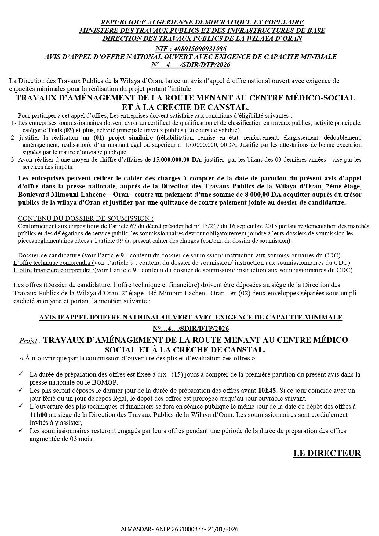 AVIS D’APPEL D’OFFRE NATIONAL OUVERT AVEC EXIGENCE DE CAPACITE MINIMALE  N°    4      /SDIR/DTP/2026 