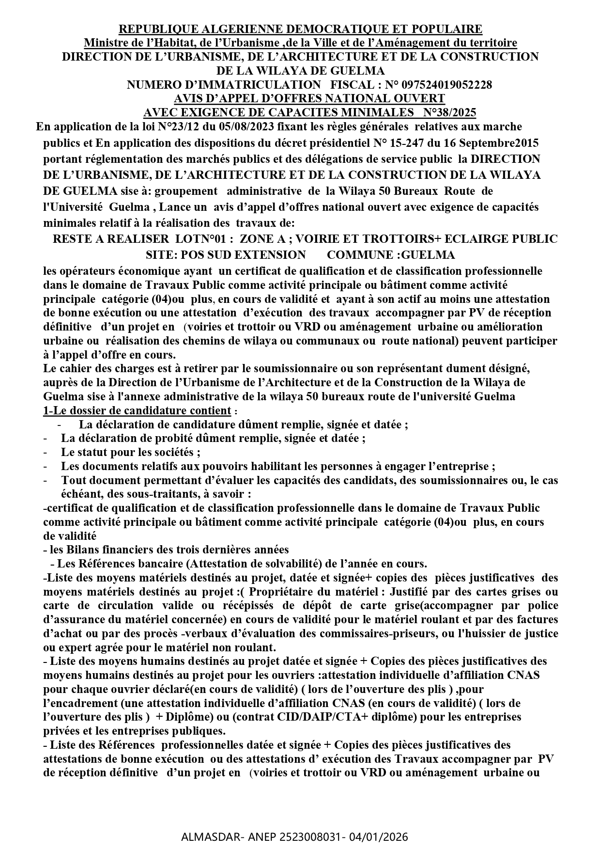 AVIS D’APPEL D’OFFRES NATIONAL OUVERT   AVEC EXIGENCE DE CAPACITES MINIMALES   N°38/2025